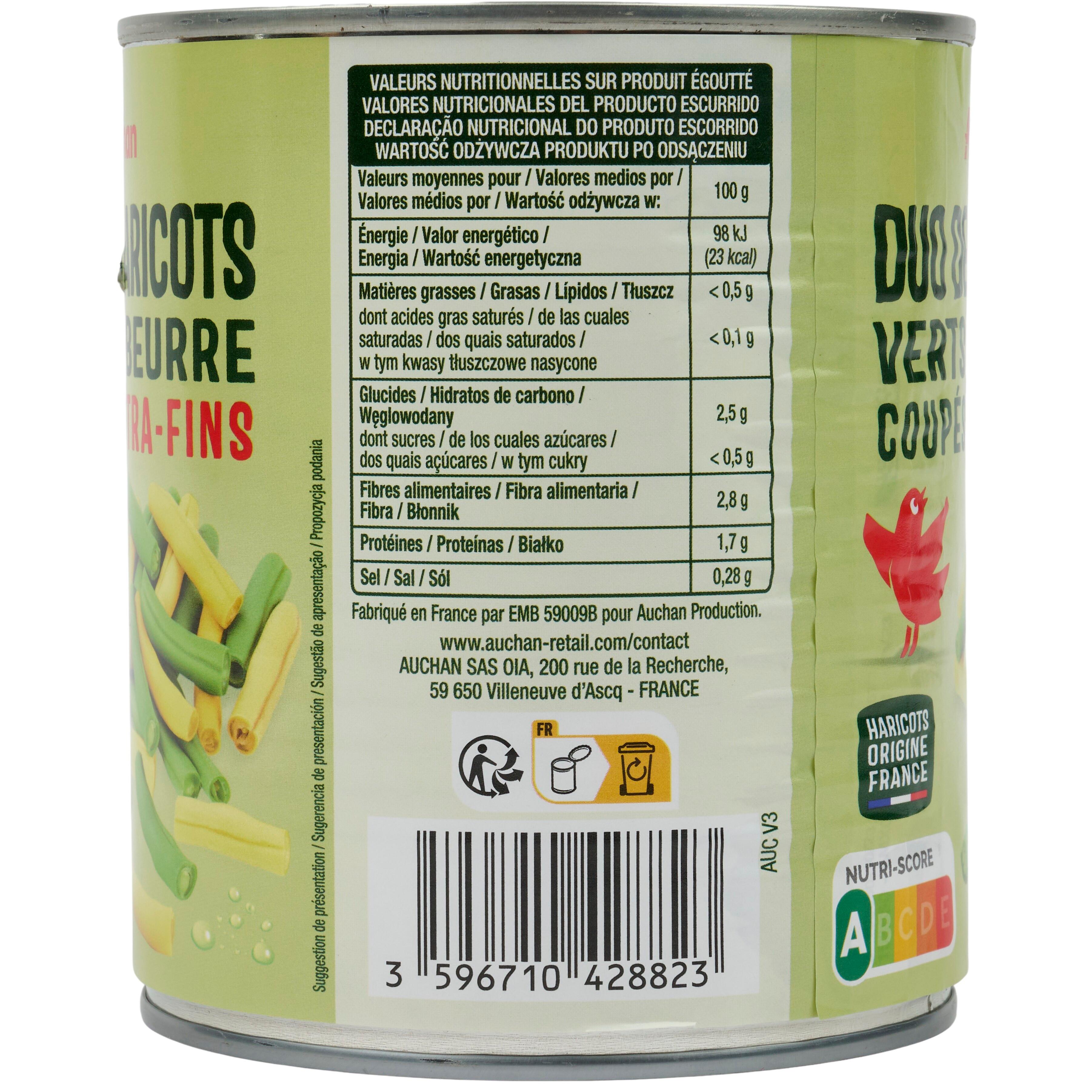 Voir la diapositive 2 : AUCHAN Duo d'haricots verts et beurre coupés origine France 455g