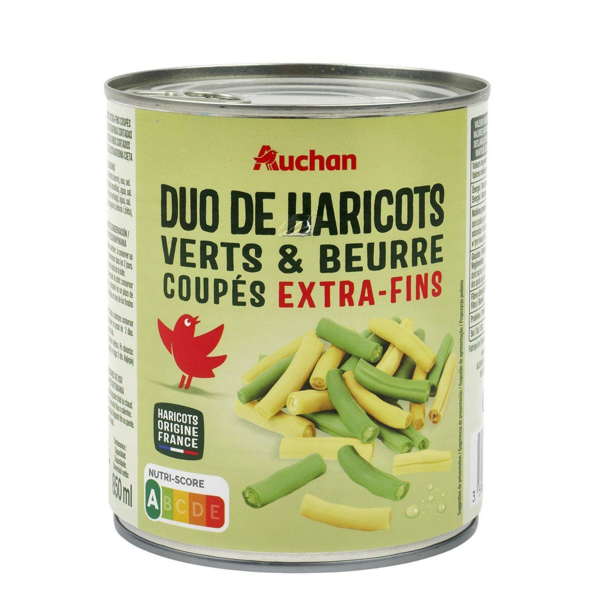 Voir la diapositive 2 : AUCHAN Duo d'haricots verts et beurre coupés origine France 455g
