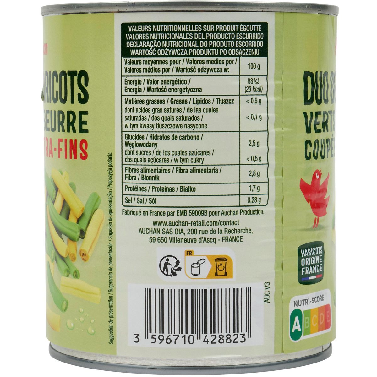AUCHAN Duo d'haricots verts et beurre coupés origine France 455g