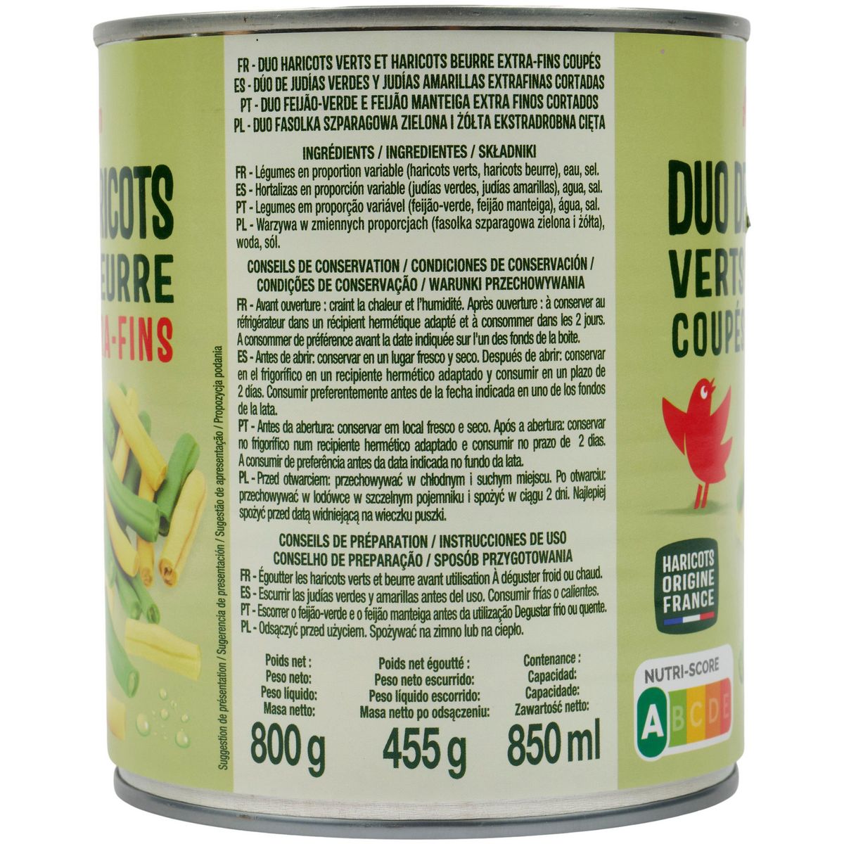 AUCHAN Duo d'haricots verts et beurre coupés origine France 455g
