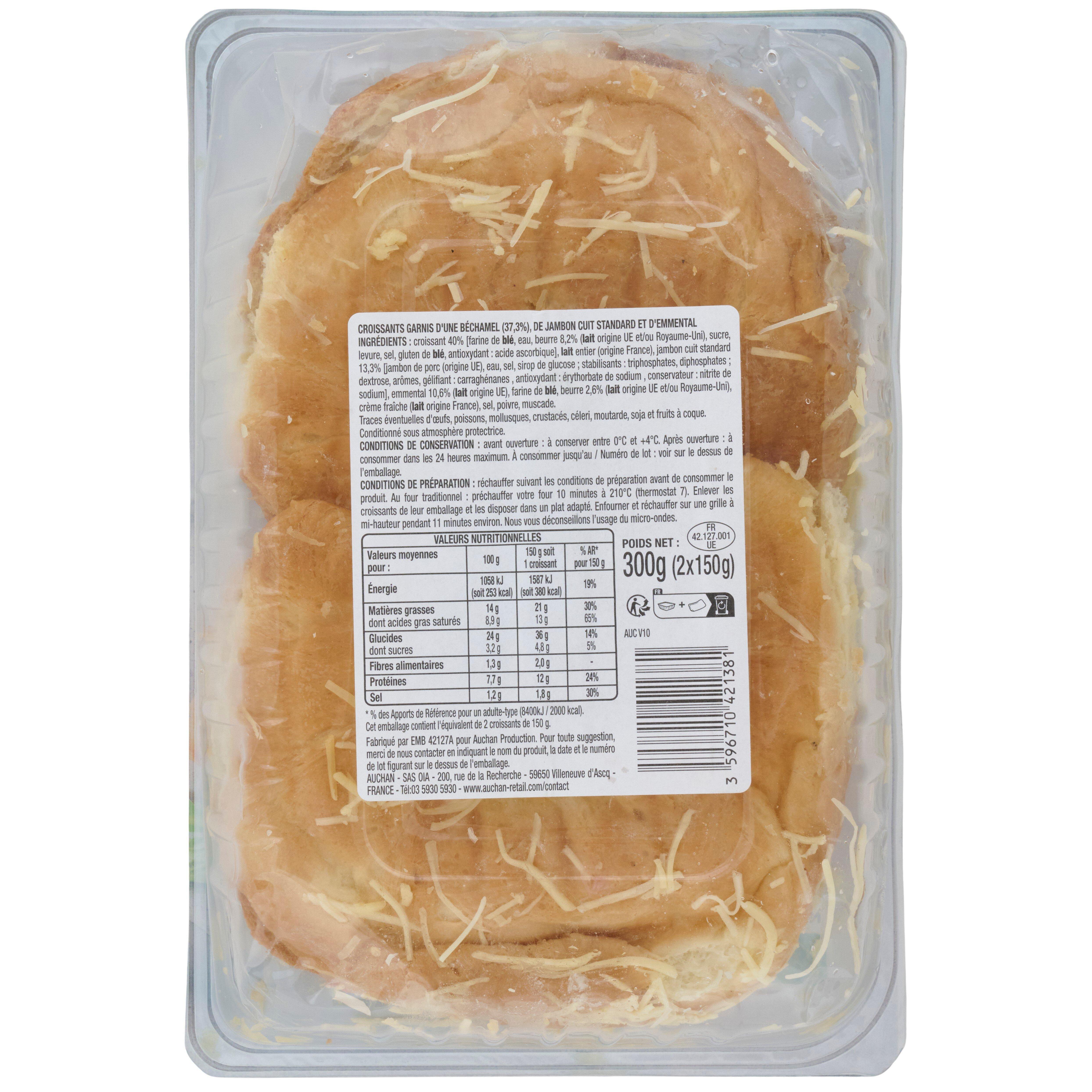 Voir la diapositive 2 : AUCHAN Croissants au jambon et à l'emmental 2 pièces 300g