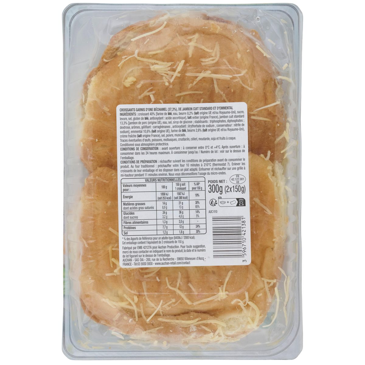 AUCHAN Croissants au jambon et à l'emmental 2 pièces 300g