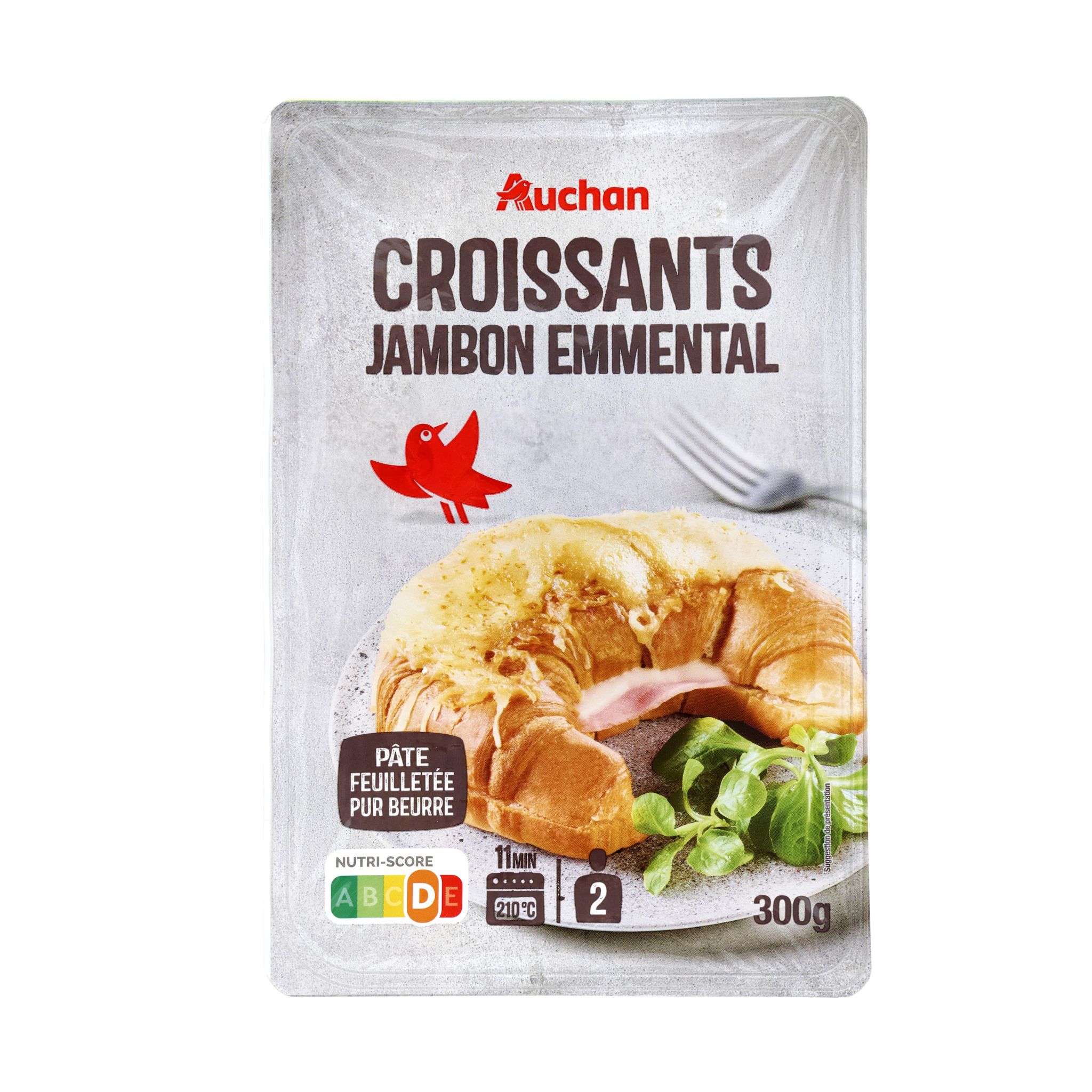 Voir la diapositive 3 : AUCHAN Croissants au jambon et à l'emmental 2 pièces 300g