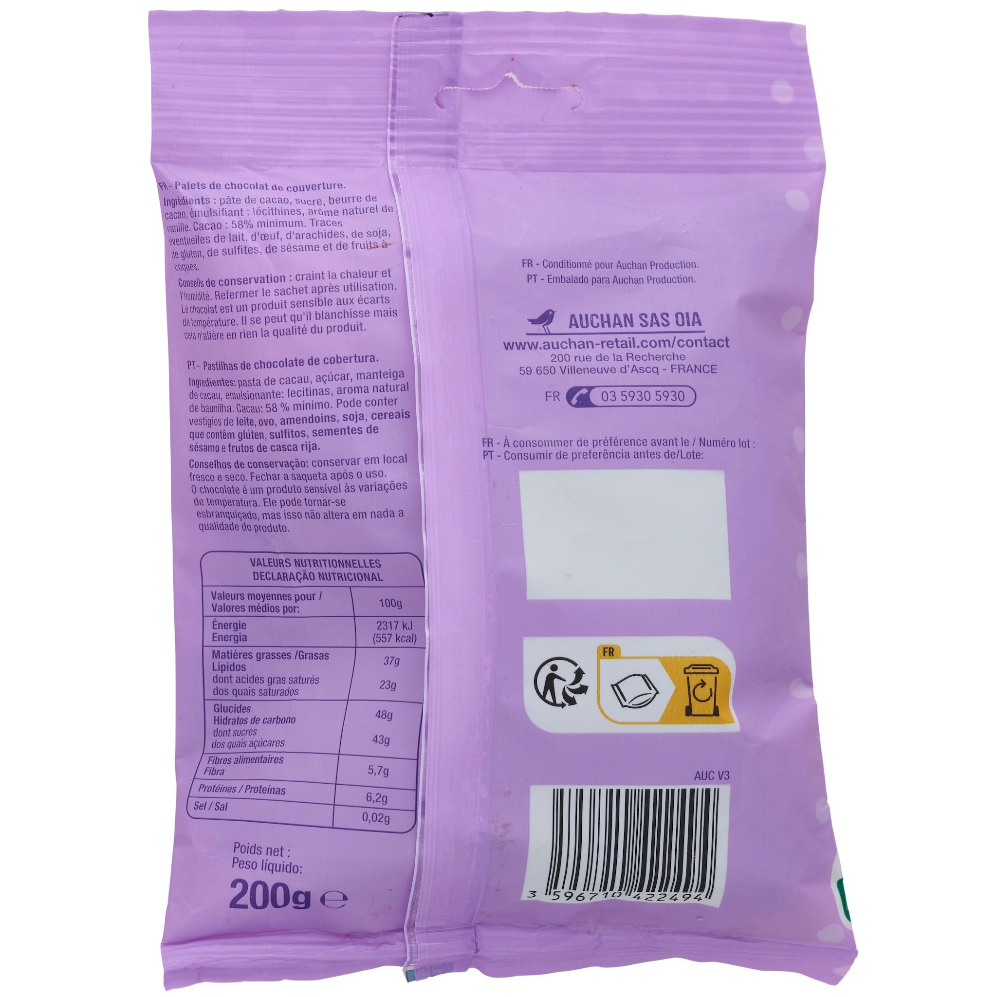 Voir la diapositive 2 : AUCHAN Palets au chocolat prêt à fondre sachet refermable 200g