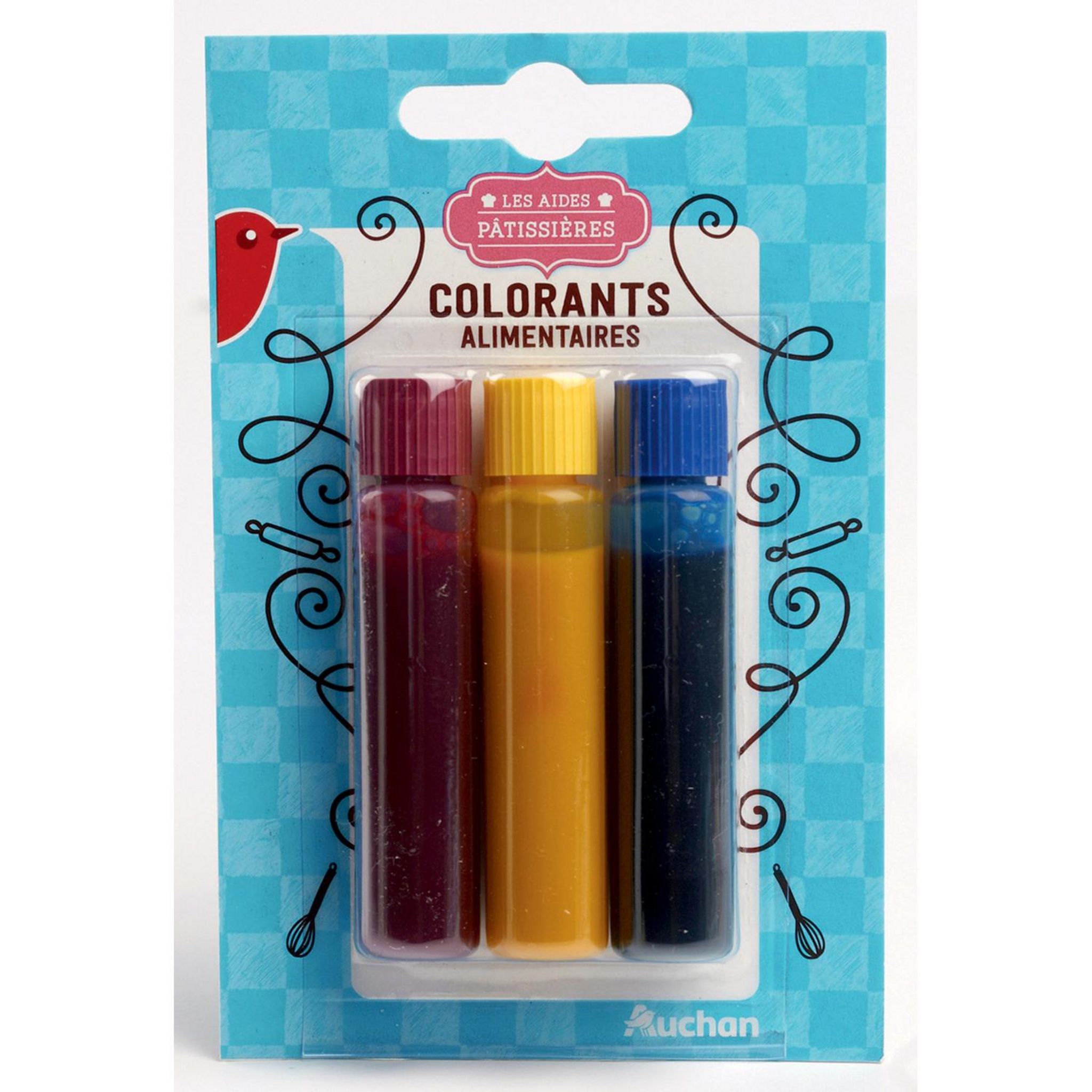 Voir la diapositive 2 : AUCHAN Colorants alimentaires 3 couleurs 3 couleurs 3x6ml