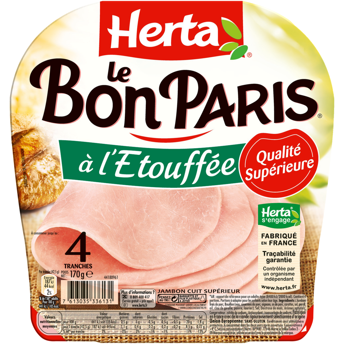 HERTA Jambon cuit à l'étouffé supérieur 4 tranches 170g