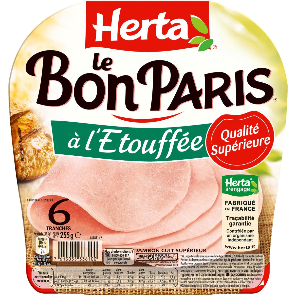 HERTA Jambon cuit à l'étouffée 6 tranches 255g