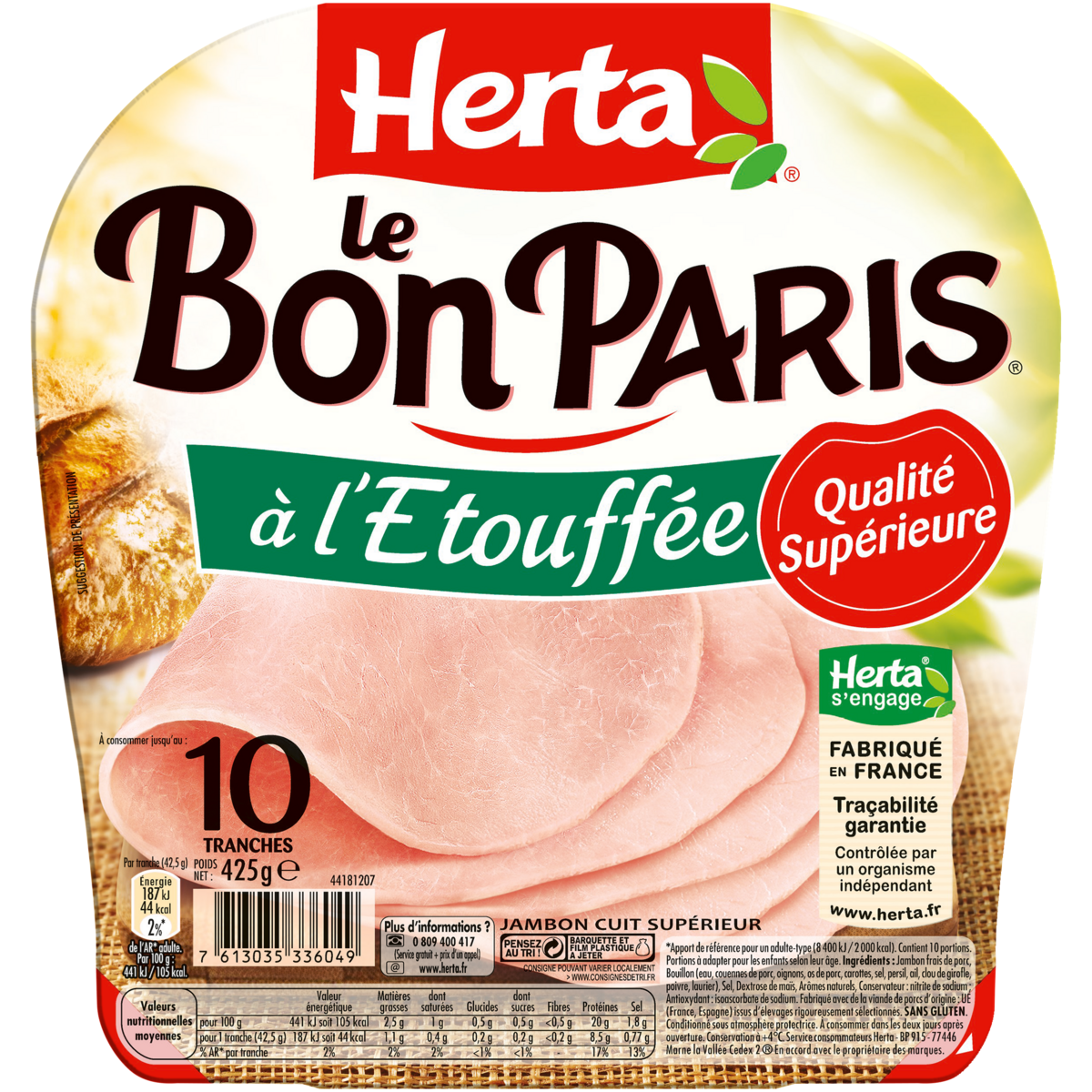 HERTA Jambon cuit à l'étouffée supérieur 10 tranches 425g