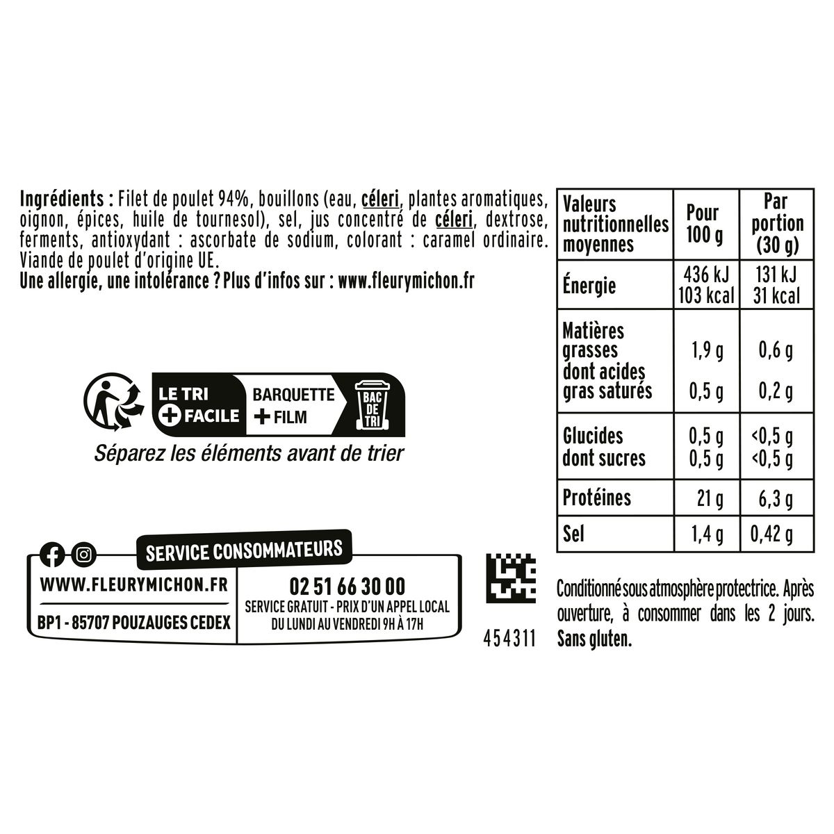 FLEURY MICHON Blanc de poulet 100% filet en tranches réduit en sel 6+3 offertes 270g