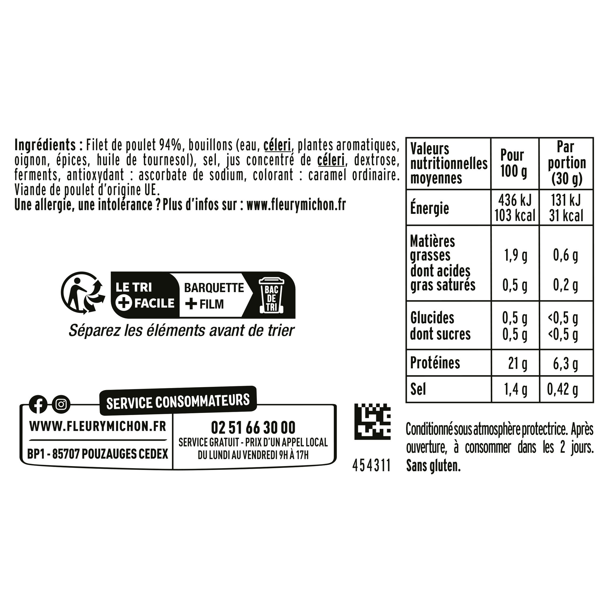 Voir la diapositive 2 : FLEURY MICHON Blanc de poulet 100% filet en tranches réduit en sel 6+3 offertes 270g