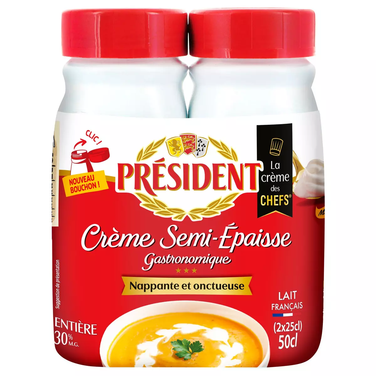 PRESIDENT Crème semi-épaisse entière gastronomique 30%MG 2x25cl
