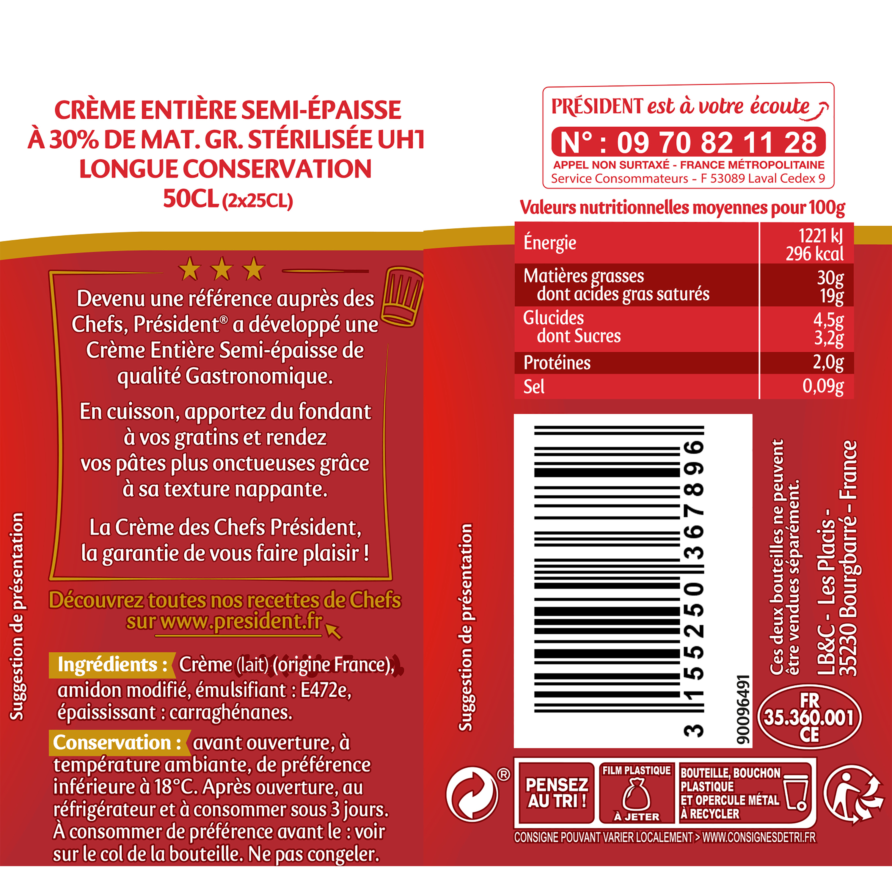 Voir la diapositive 2 : PRESIDENT Crème semi-épaisse entière gastronomique 30% MG UHT 2x25cl