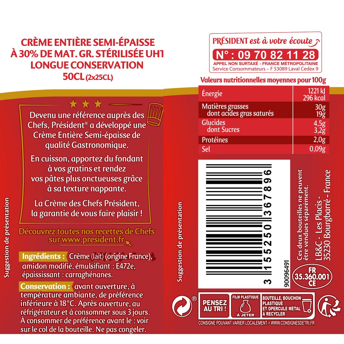 PRESIDENT Crème semi-épaisse entière gastronomique 30% MG UHT 2x25cl