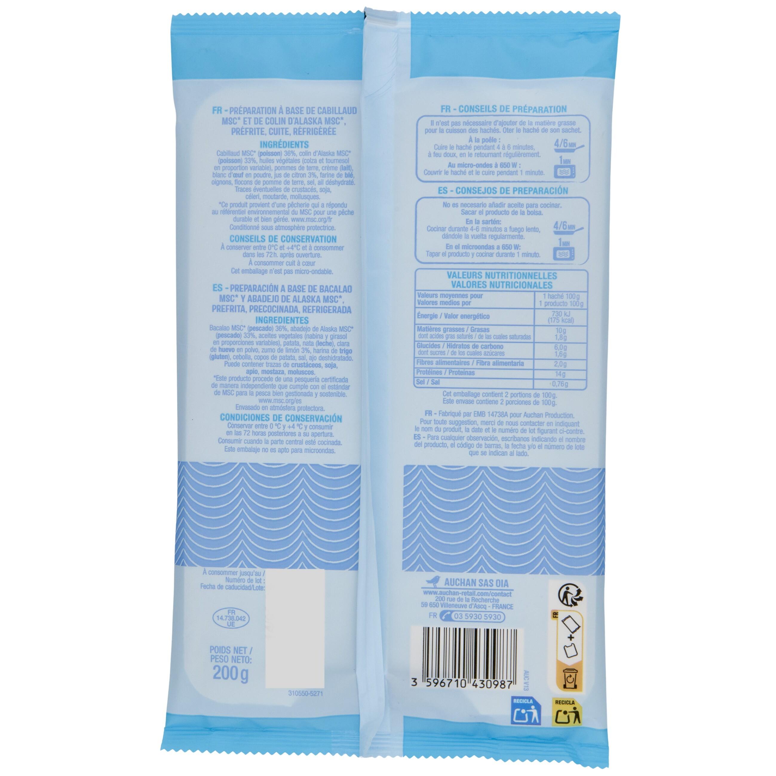 Voir la diapositive 3 : AUCHAN Hâché de cabillaud MSC 2 pièces 200g