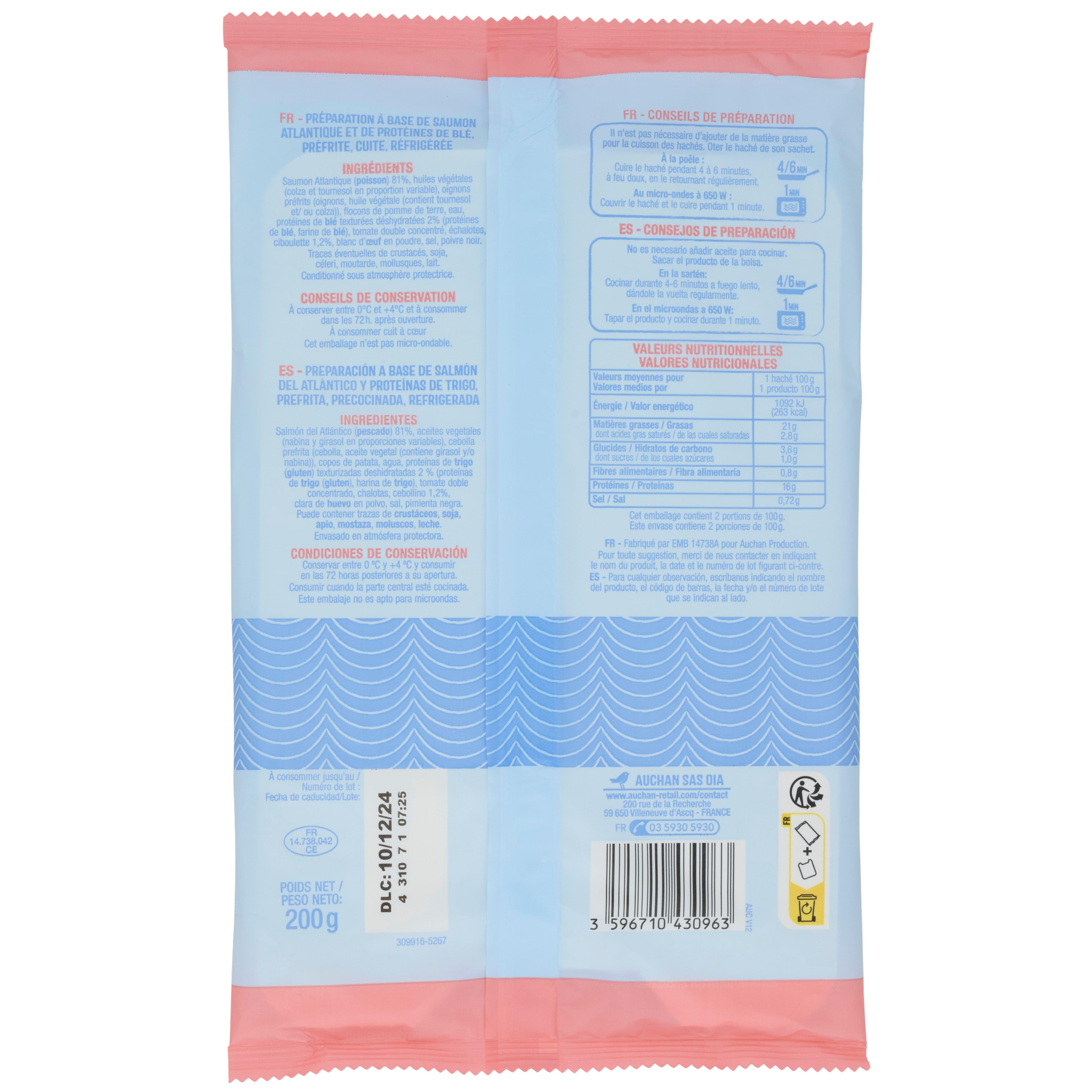 Voir la diapositive 2 : AUCHAN Hachés de saumon à la ciboulette 2 pièces 200g