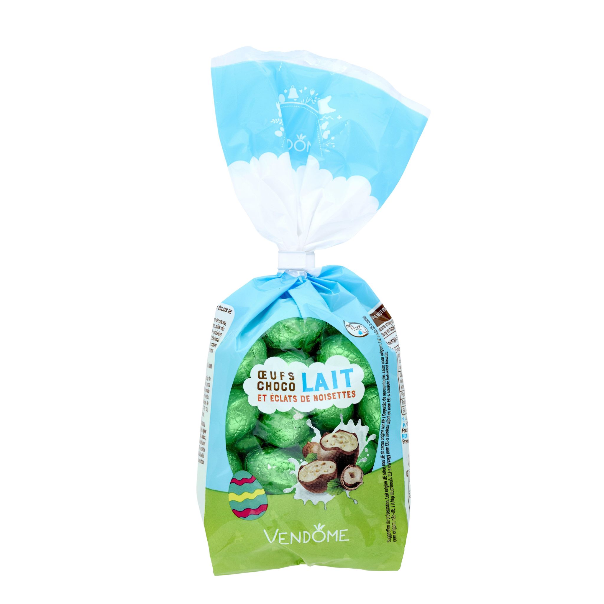 Voir la diapositive 4 : VENDOME Oeufs fourrés de chocolat au lait et éclats de noisettes 200g