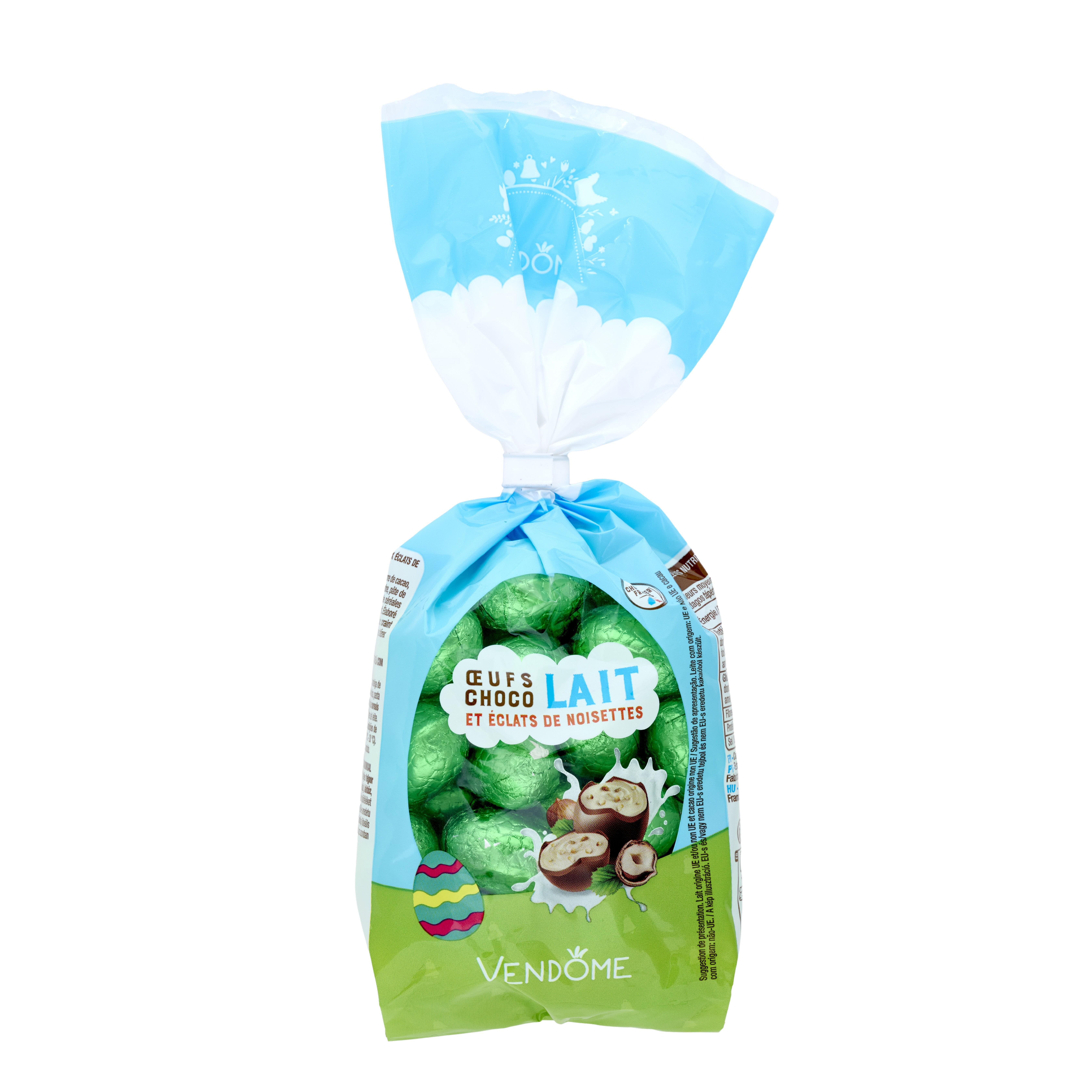Voir la diapositive 5 : VENDOME Oeufs fourrés de chocolat au lait et éclats de noisettes 200g