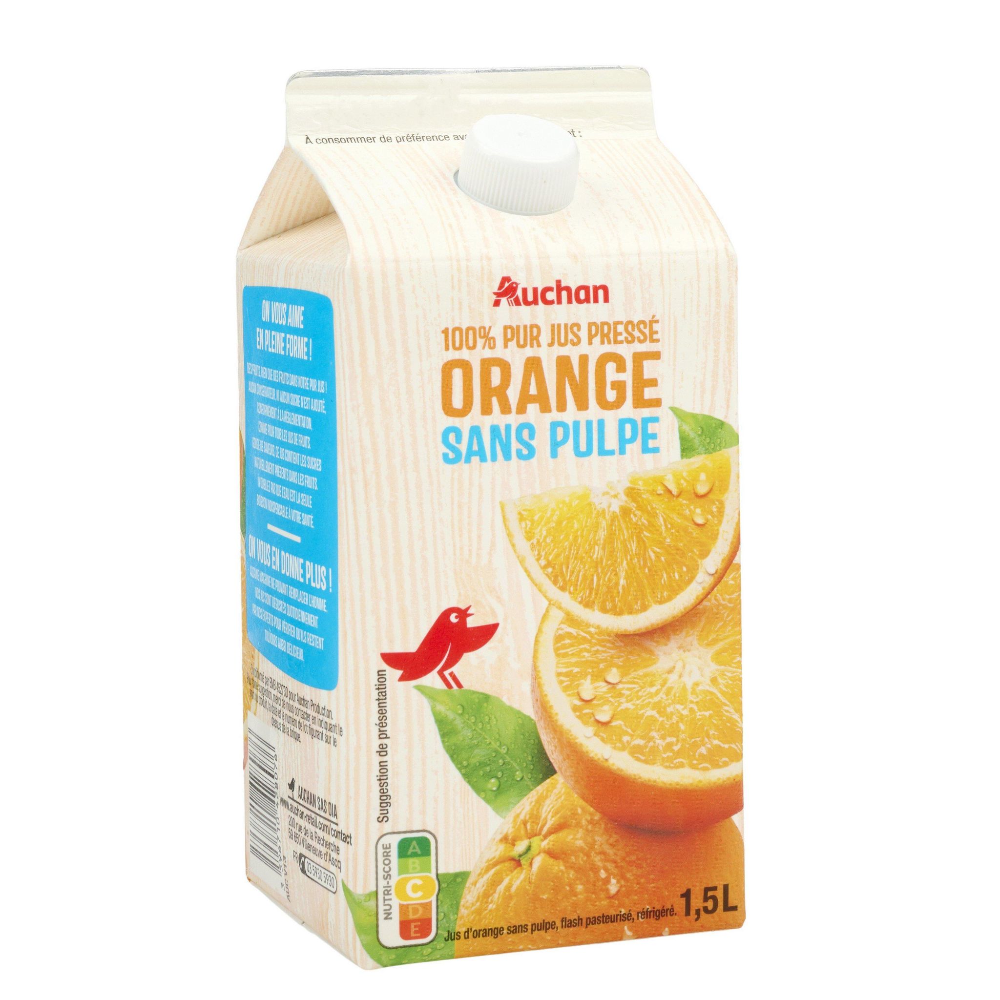 Voir la diapositive 2 : AUCHAN Pur jus d'orange sans pulpe 1,5L