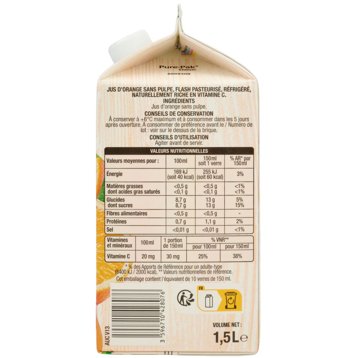 AUCHAN Pur jus d'orange sans pulpe 1,5L