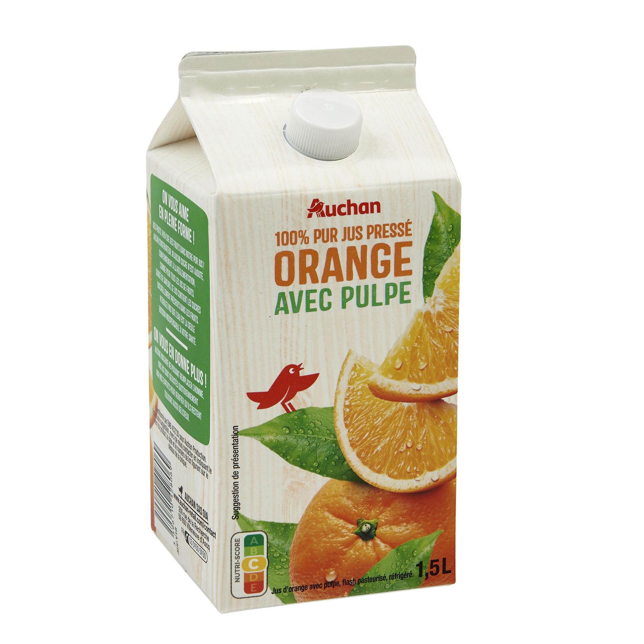 Voir la diapositive 2 : AUCHAN Pur jus d'orange avec pulpe 1,5L