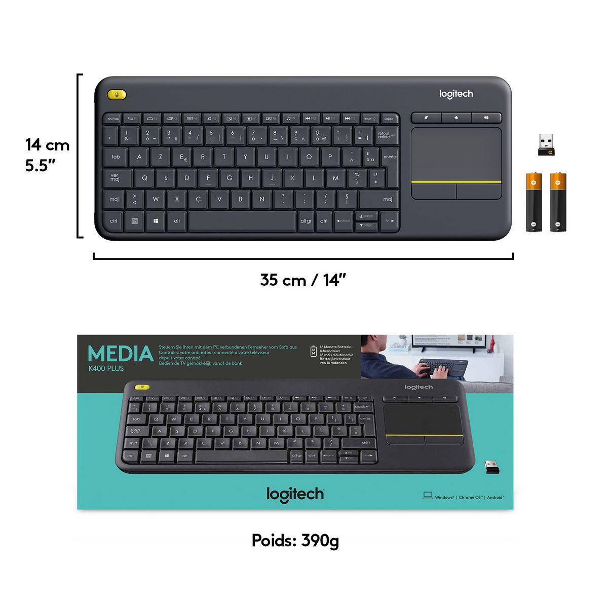 LOGITECH Clavier Sans Fil K400 Plus AZERTY Français Noir