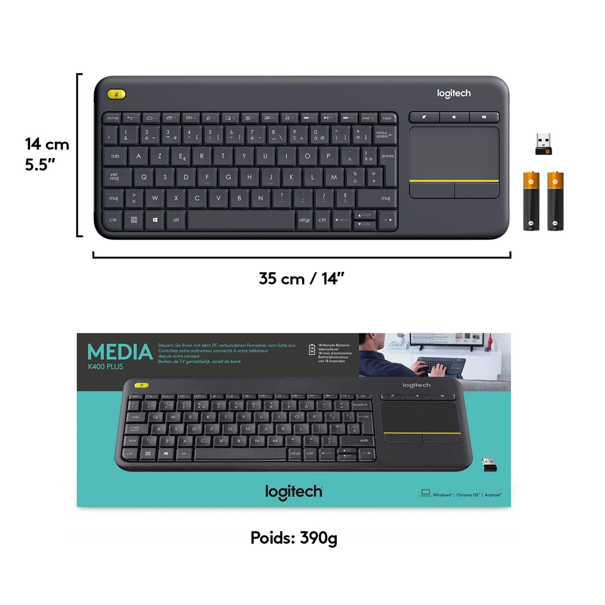 Voir la diapositive 2 : LOGITECH Clavier Sans Fil K400 Plus AZERTY Français Noir