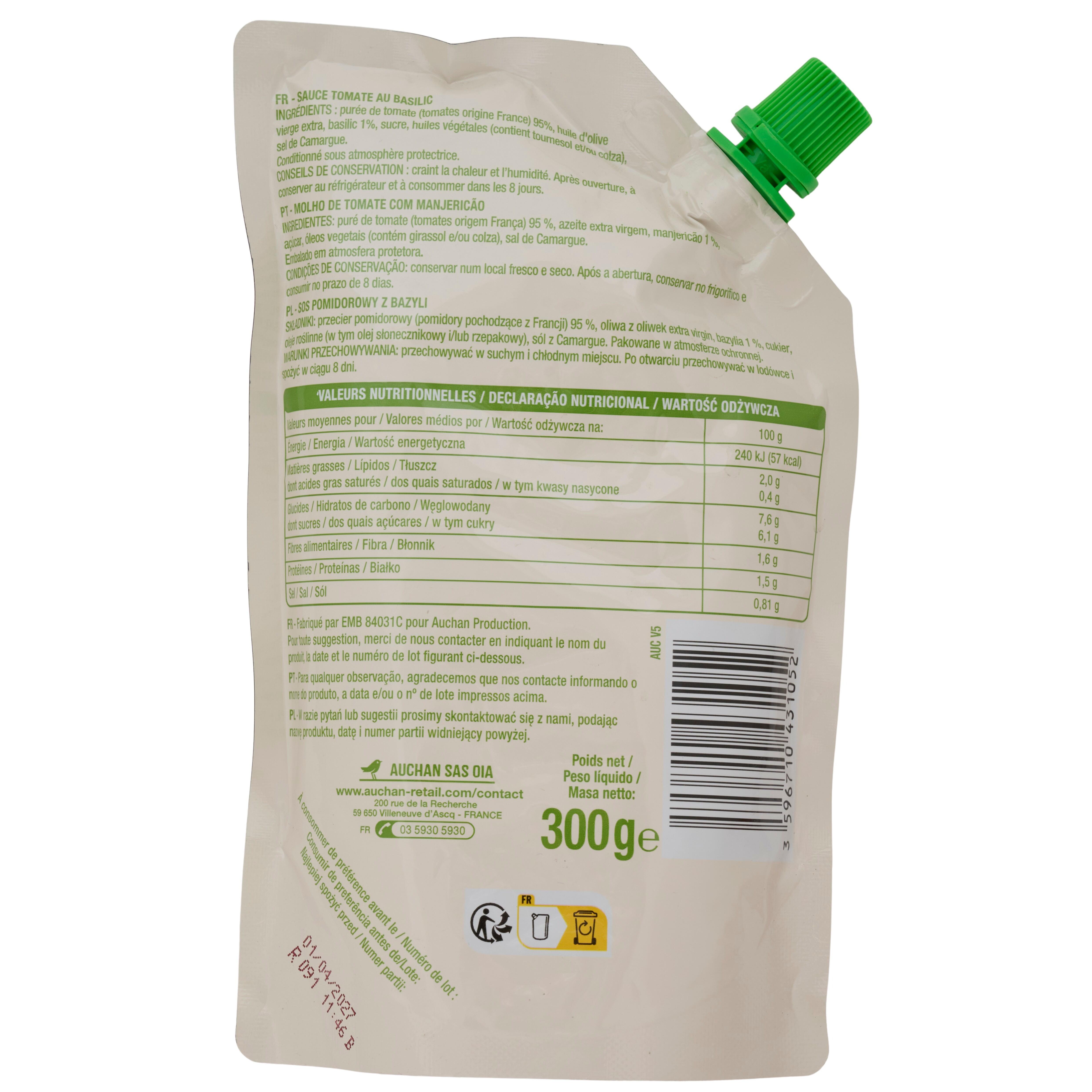 Voir la diapositive 2 : AUCHAN Sauce tomate basilic sachet refermable 300g