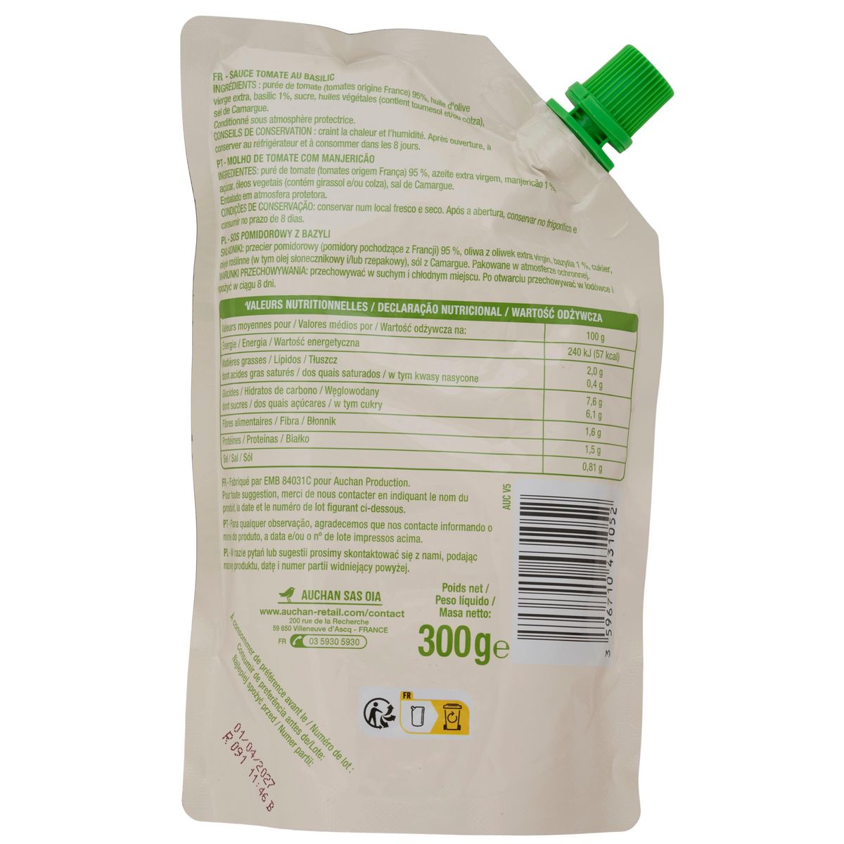 AUCHAN Sauce tomate basilic sachet refermable 300g
