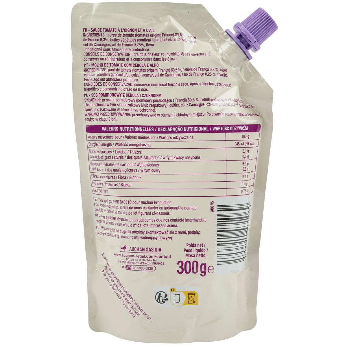 AUCHAN Sauce tomate oignon ail sachet refermable 300g