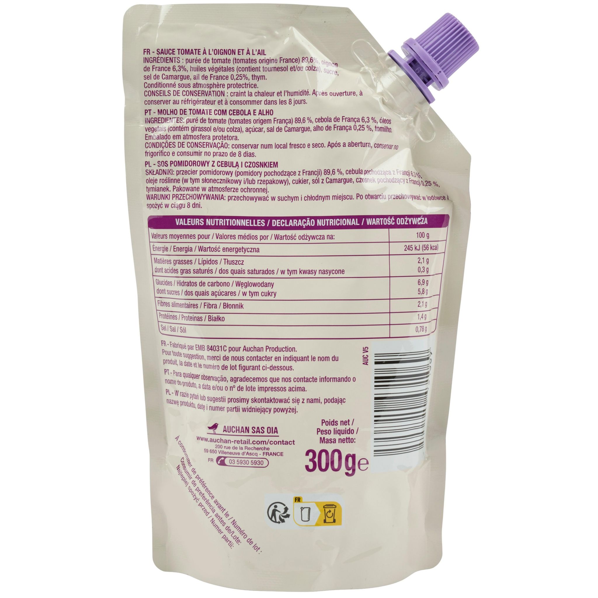 Voir la diapositive 2 : AUCHAN Sauce tomate oignon ail sachet refermable 300g