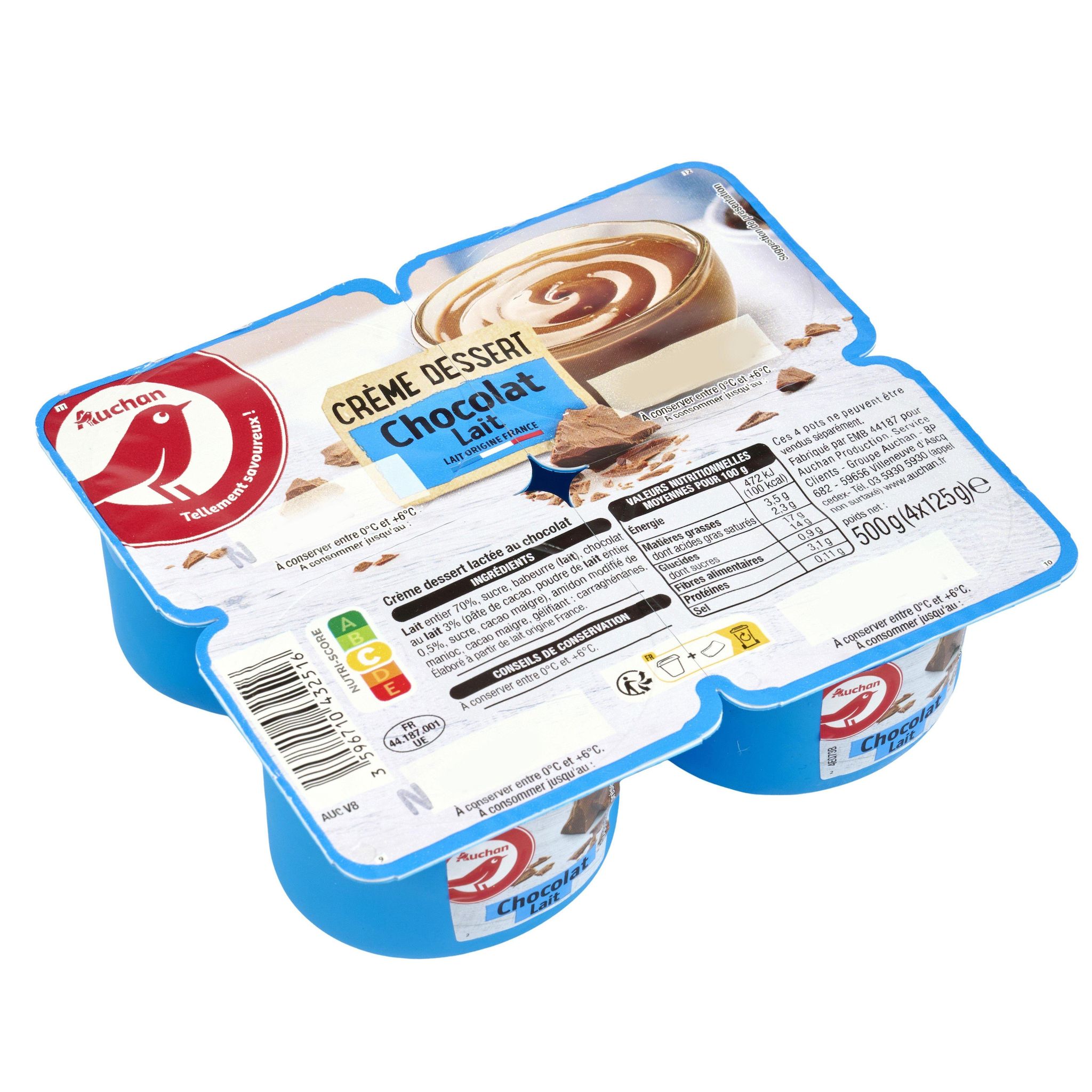 Voir la diapositive 2 : AUCHAN Crème dessert au chocolat au lait 4x125g