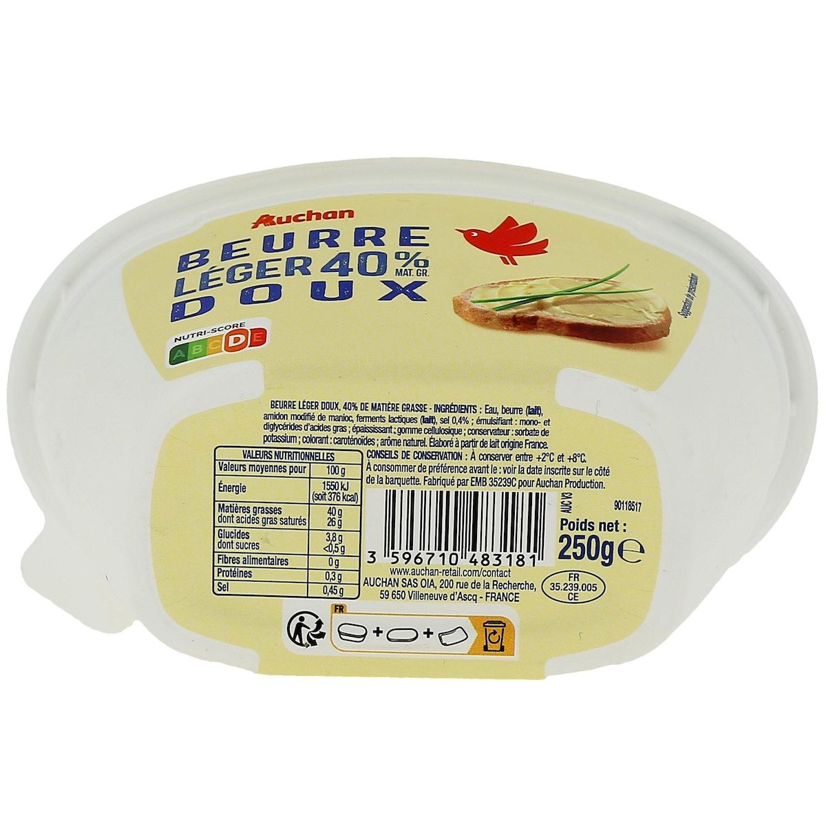 AUCHAN Beurre allégé doux 40% MG 250g