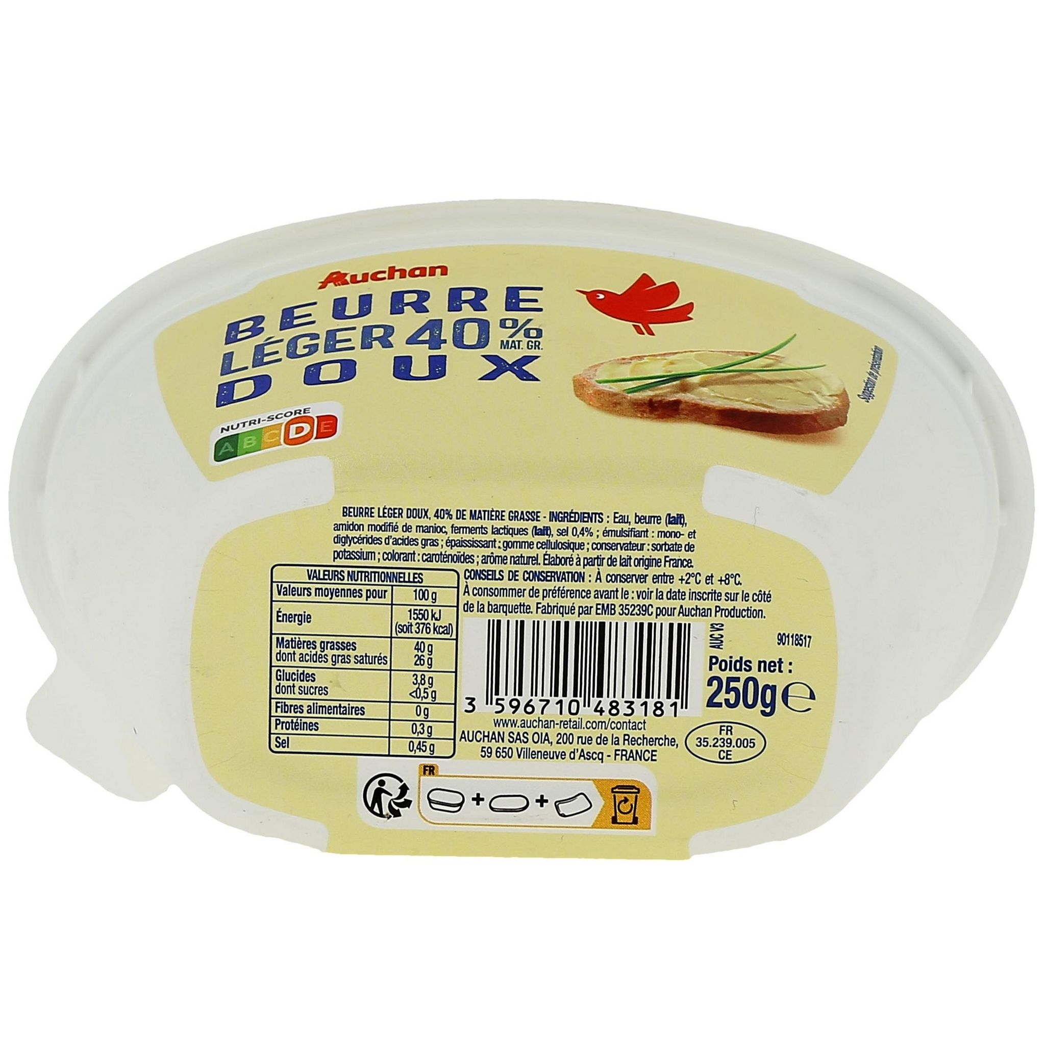 Voir la diapositive 3 : AUCHAN Beurre allégé doux 40%MG 250g