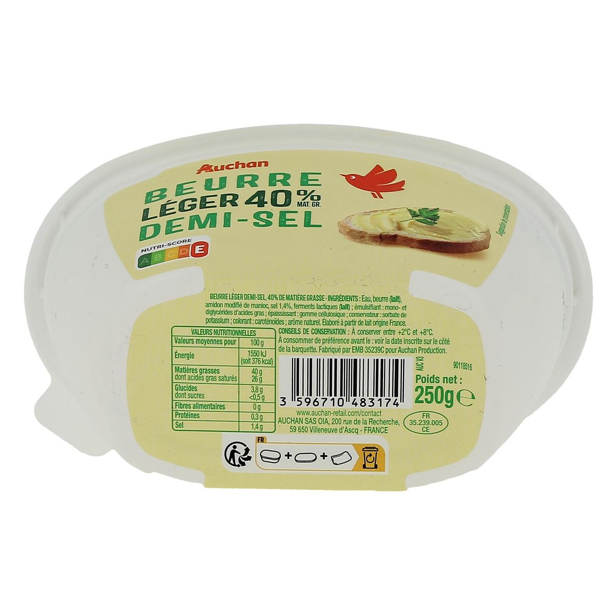 AUCHAN Beurre allégé demi-sel 40% MG 250g