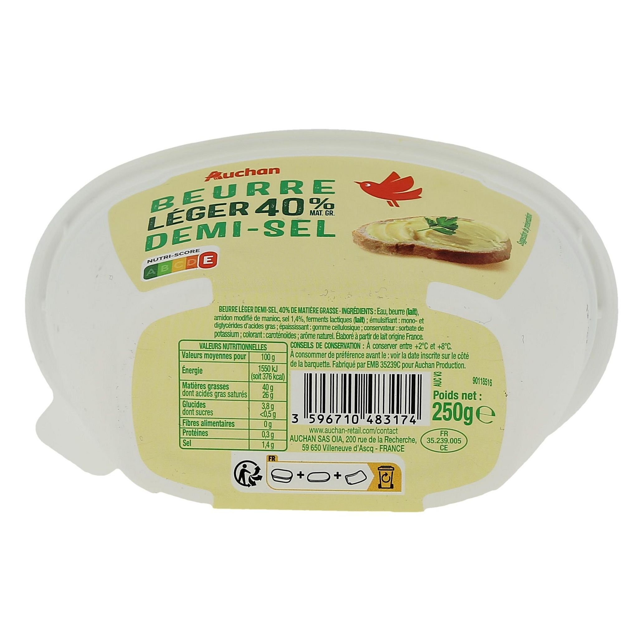 Voir la diapositive 2 : AUCHAN Beurre allégé demi-sel 40%MG 250g