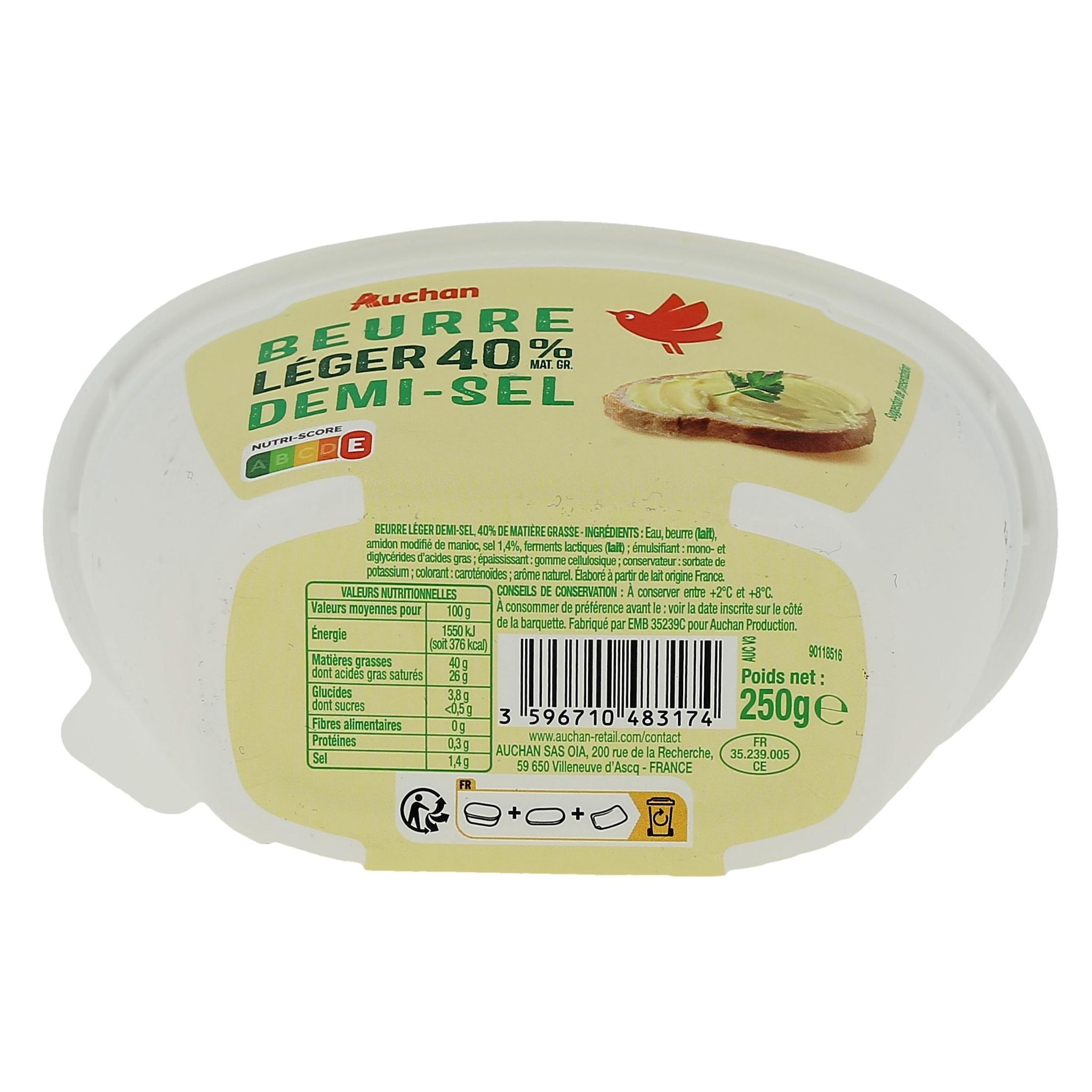 Voir la diapositive 3 : AUCHAN Beurre allégé demi-sel 40%MG 250g