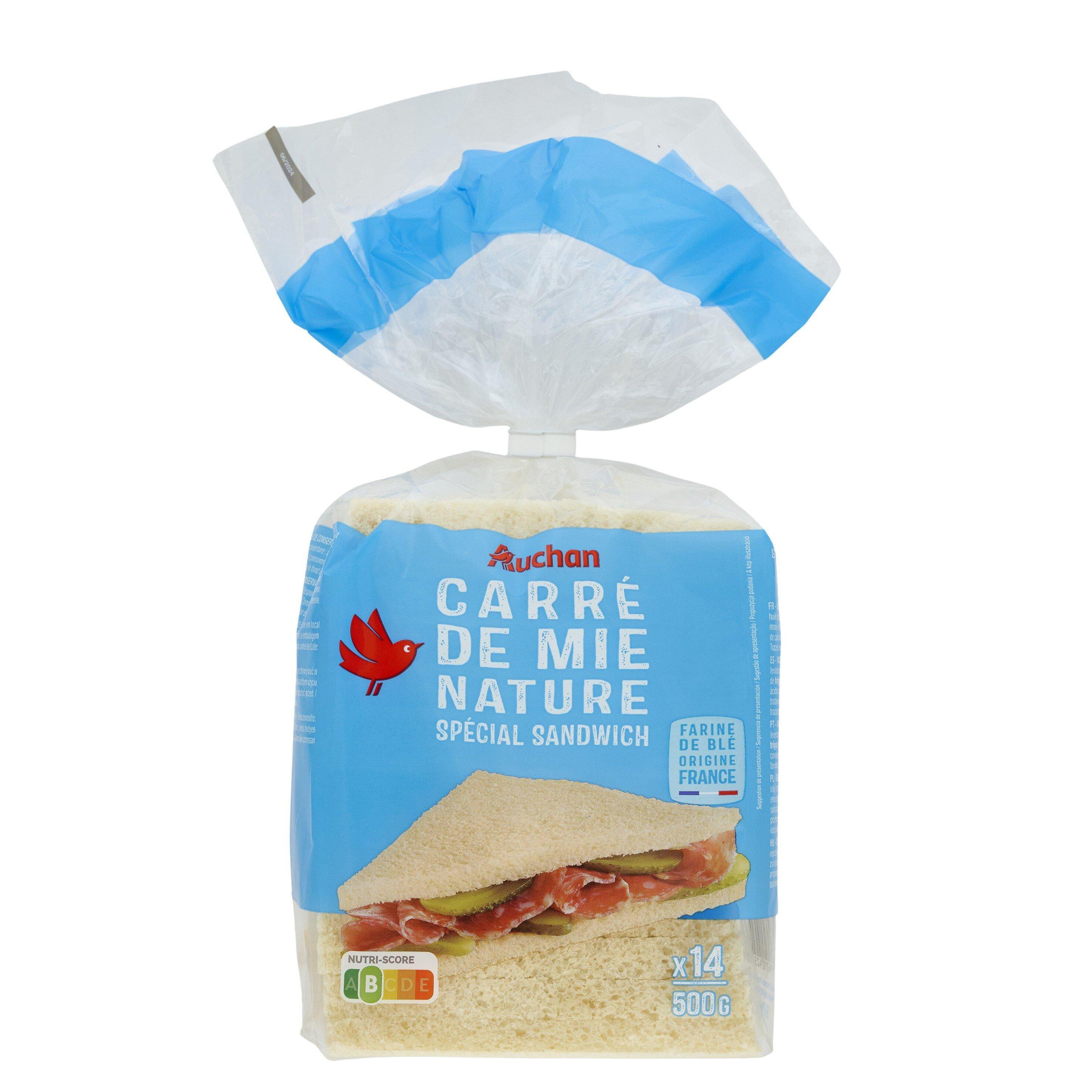 Voir la diapositive 3 : AUCHAN Carré de mie nature grandes tranches sans croûte 14 tranches 500g