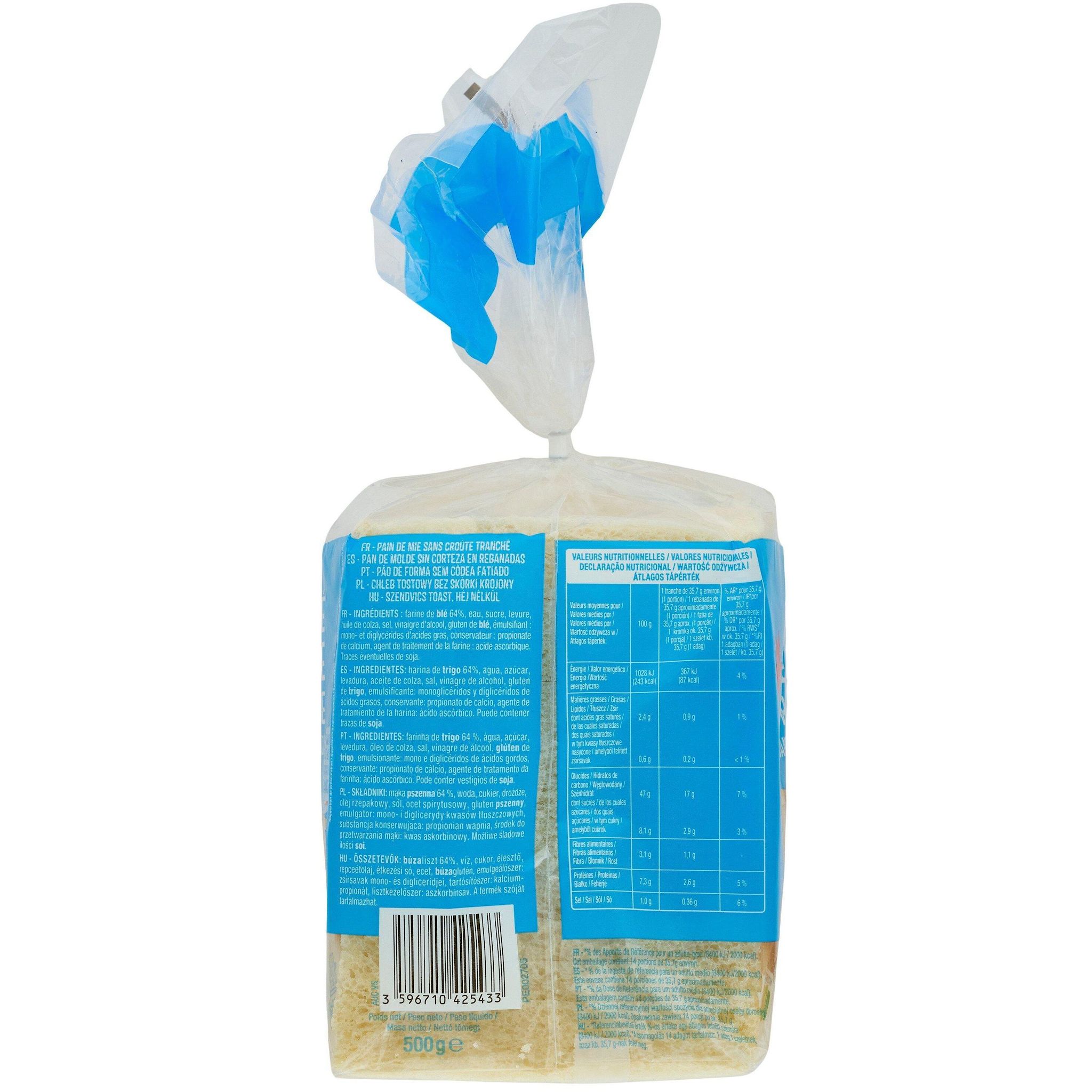 Voir la diapositive 4 : AUCHAN Carré de mie nature grandes tranches sans croûte 14 tranches 500g