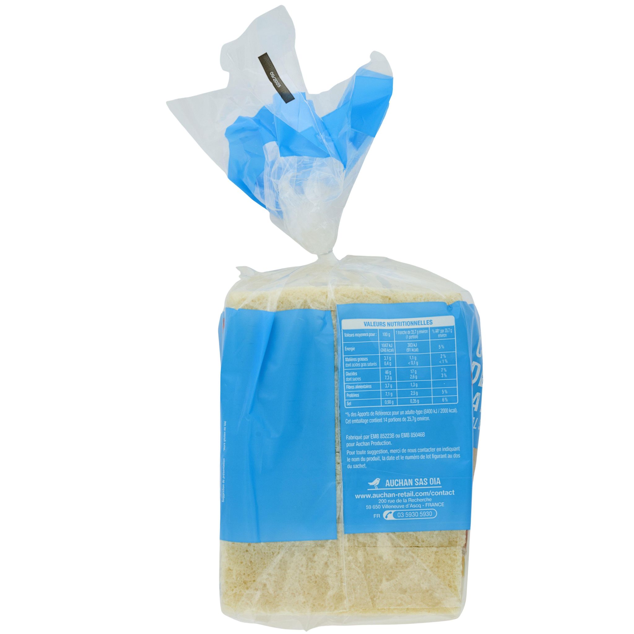 Voir la diapositive 5 : AUCHAN Carré de mie nature grandes tranches sans croûte 14 tranches 500g