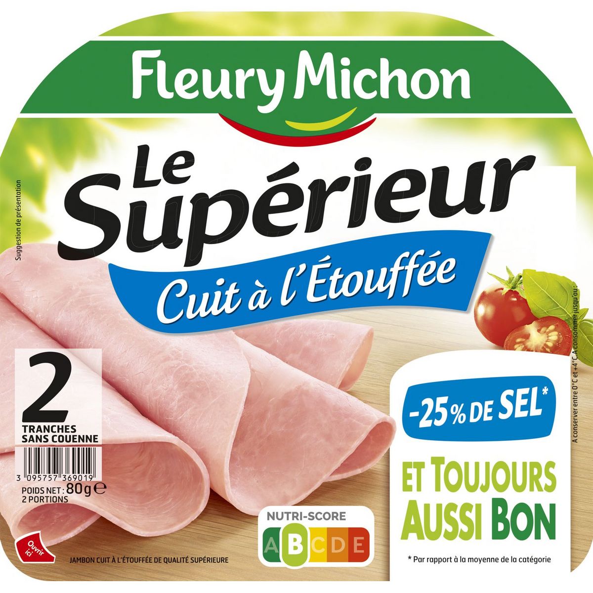 FLEURY MICHON Jambon blanc supérieur -25% de sel sans couenne 2 tranches 80g