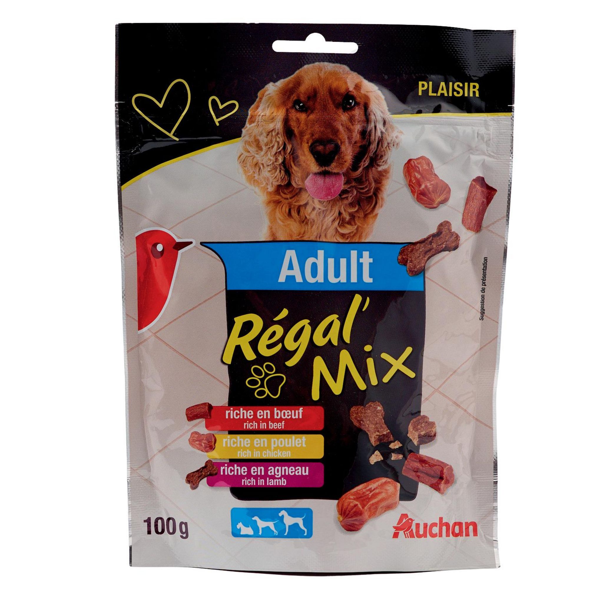Voir la diapositive 2 : AUCHAN Friandises régal'mix bœuf poulet agneau pour chien adulte 100g