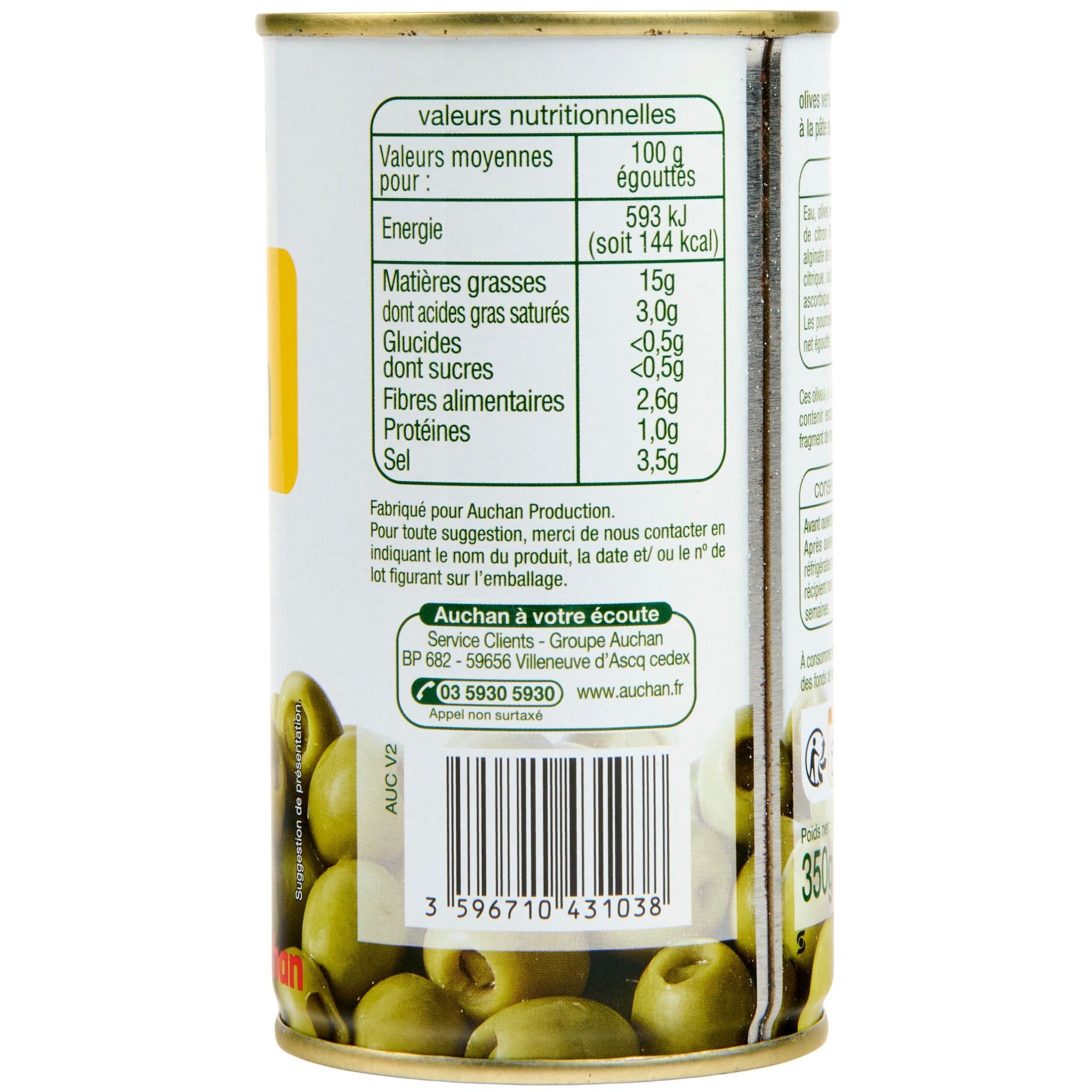 Voir la diapositive 2 : AUCHAN Olives vertes à la farce de citron 150g