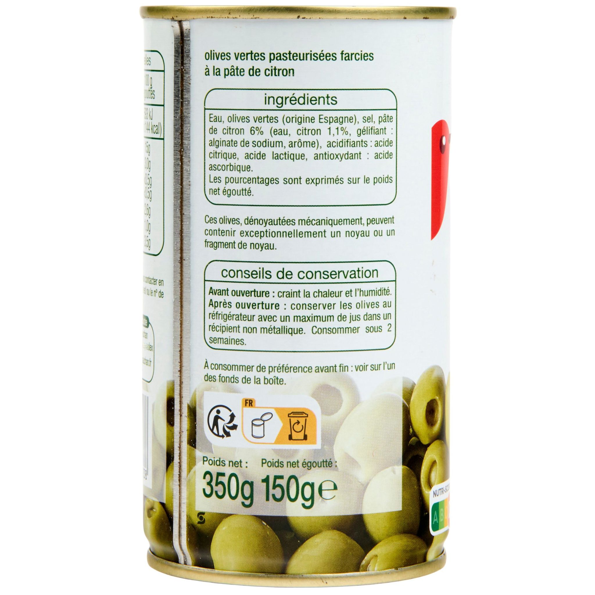 Voir la diapositive 4 : AUCHAN Olives vertes à la farce de citron 150g