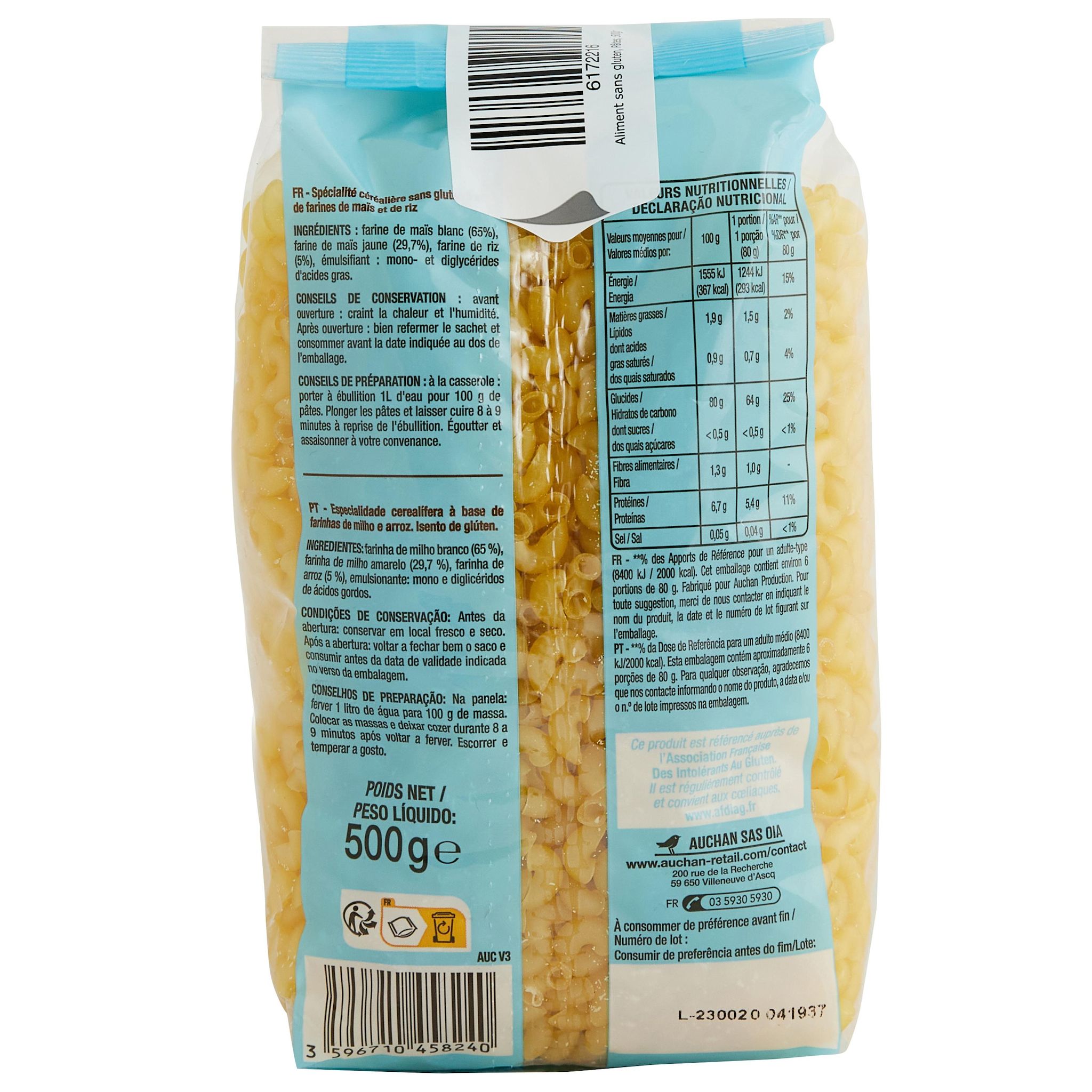 Voir la diapositive 3 : AUCHAN Coquillettes sans gluten 500g