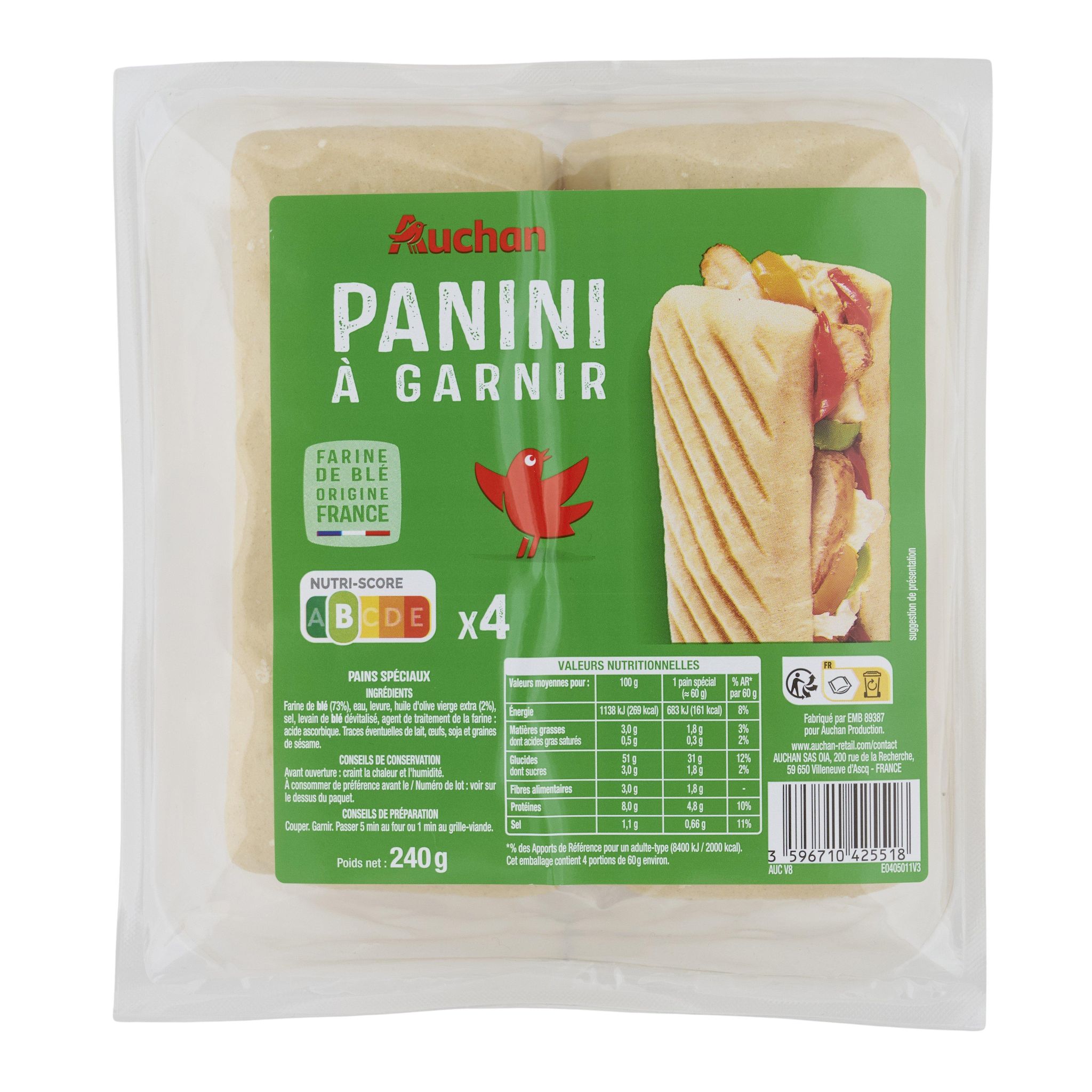 Voir la diapositive 2 : AUCHAN Pain spécial panini 4 pièces 210g
