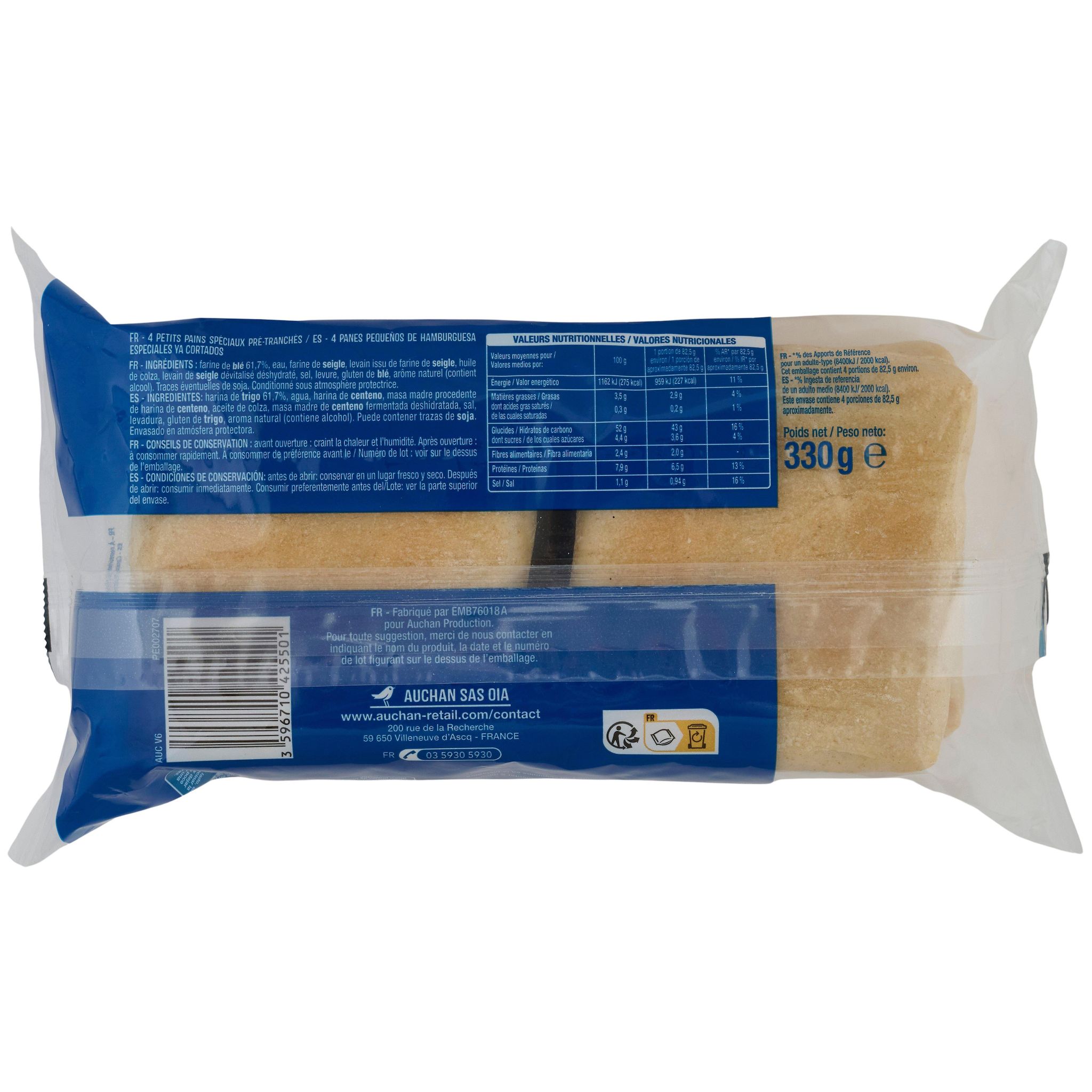 Voir la diapositive 2 : AUCHAN L'authentique pain burger 4 pièces 330g