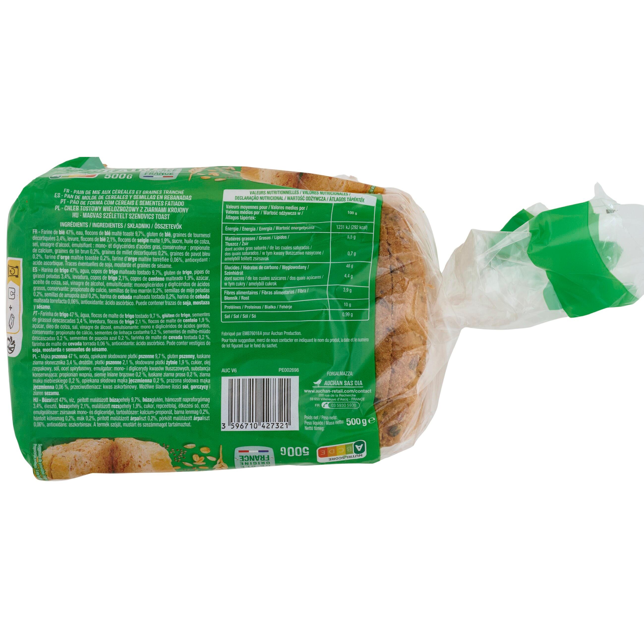 Voir la diapositive 2 : AUCHAN Pain de mie céréales et graines 500g