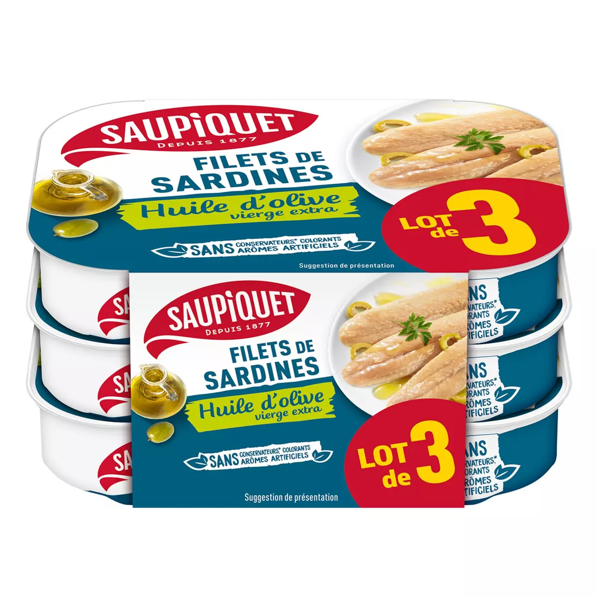 SAUPIQUET Filets de sardines sans arêtes à l'huile d'olive vierge extra 3x100g