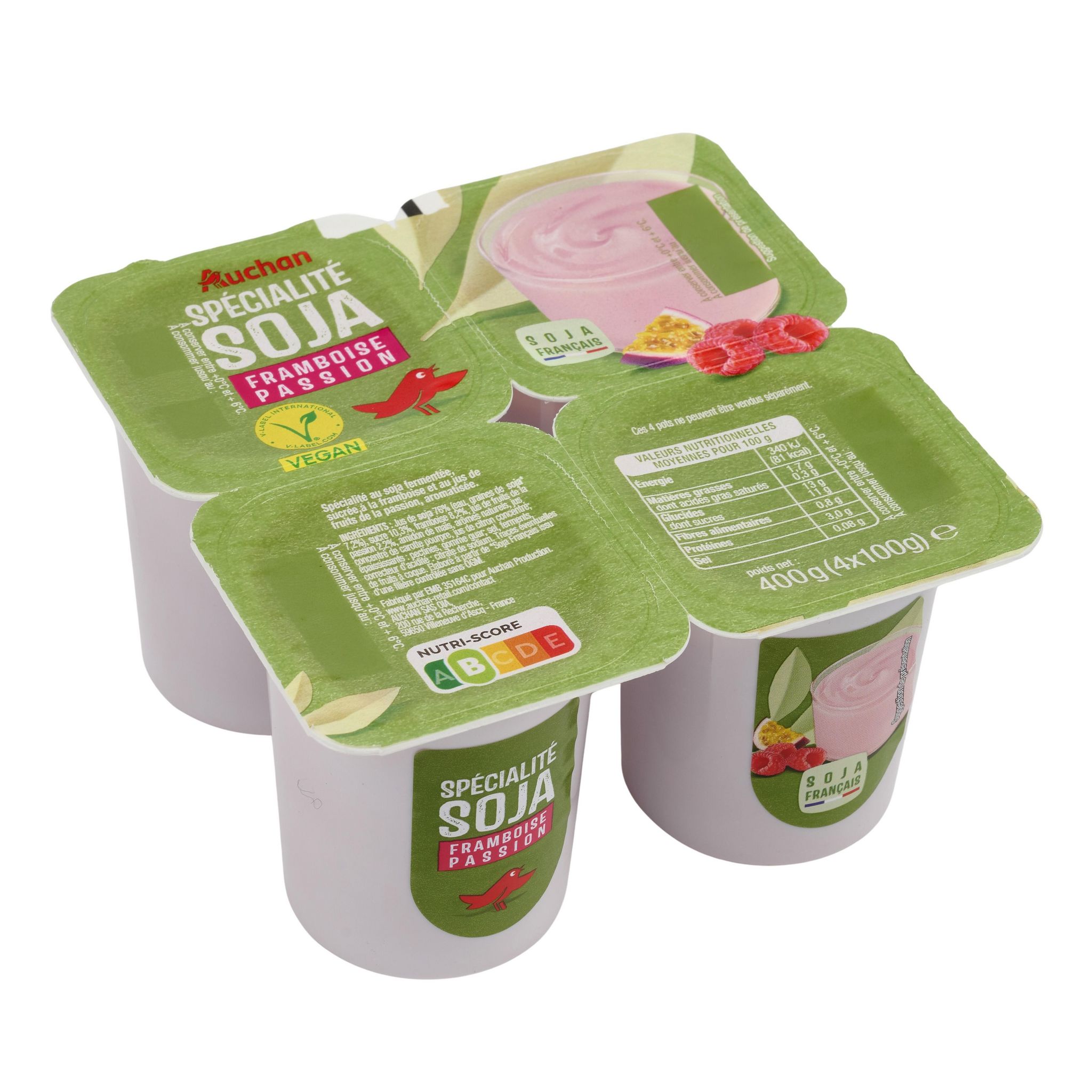 Voir la diapositive 3 : AUCHAN Dessert végétal au soja framboise et passion 4x100g