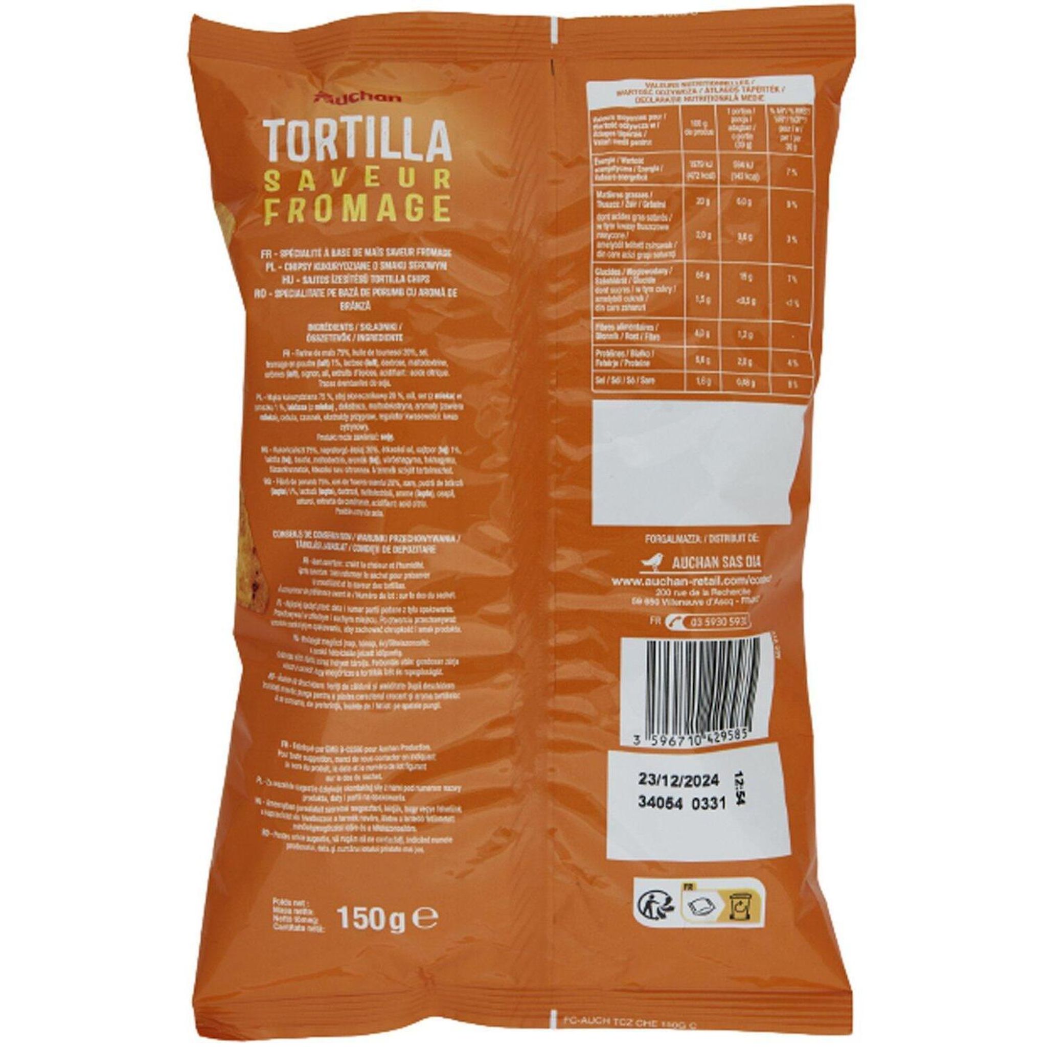 Voir la diapositive 3 : AUCHAN Tortillas saveur fromage 150g